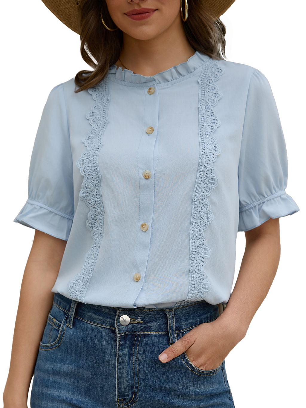 Women's Ruffle Collar Lace Button Down Shirt Summer Dressy Casual Ruffled Trim Short Sleeve Tops