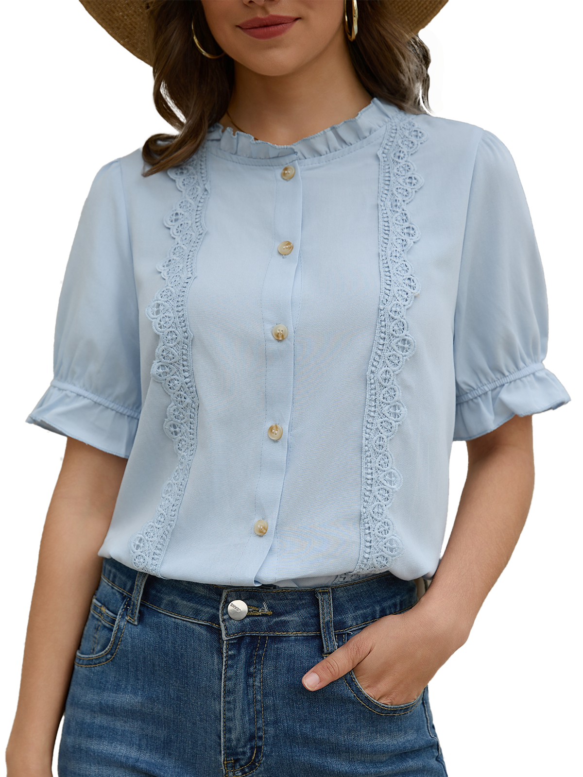 Women's Ruffle Collar Lace Button Down Shirt Summer Dressy Casual Ruffled Trim Short Sleeve Tops