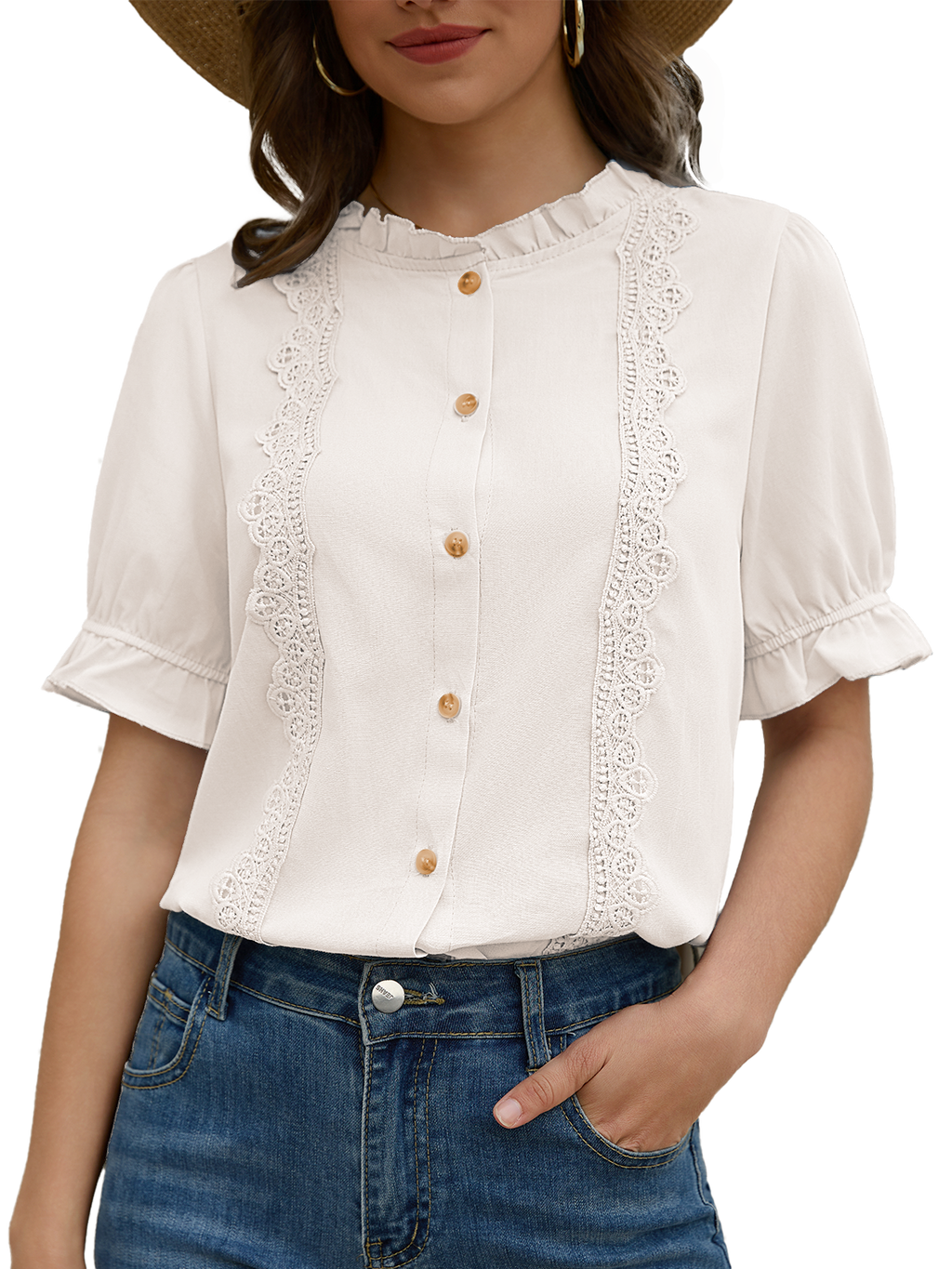 Women's Ruffle Collar Lace Button Down Shirt Summer Dressy Casual Ruffled Trim Short Sleeve Tops