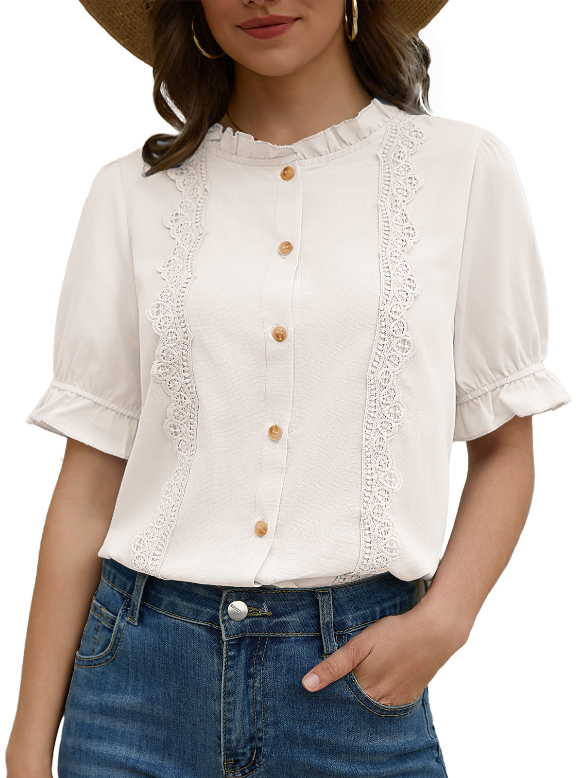 Women's Ruffle Collar Lace Button Down Shirt Summer Dressy Casual Ruffled Trim Short Sleeve Tops