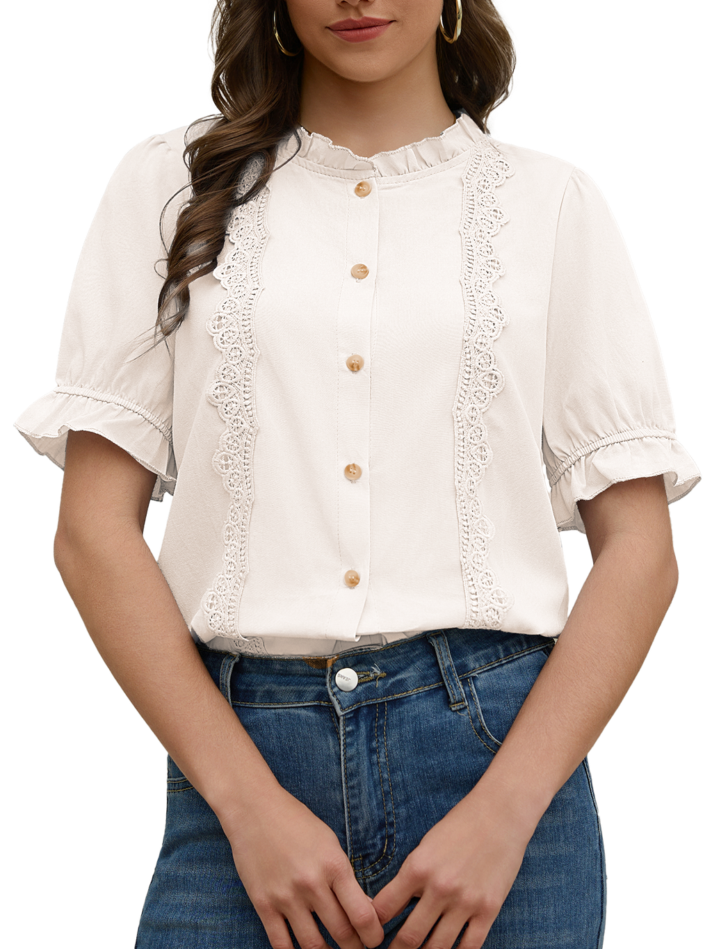 Women's Ruffle Collar Lace Button Down Shirt Summer Dressy Casual Ruffled Trim Short Sleeve Tops