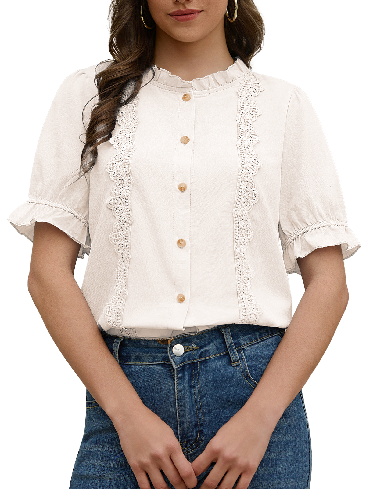 Women's Ruffle Collar Lace Button Down Shirt Summer Dressy Casual Ruffled Trim Short Sleeve Tops