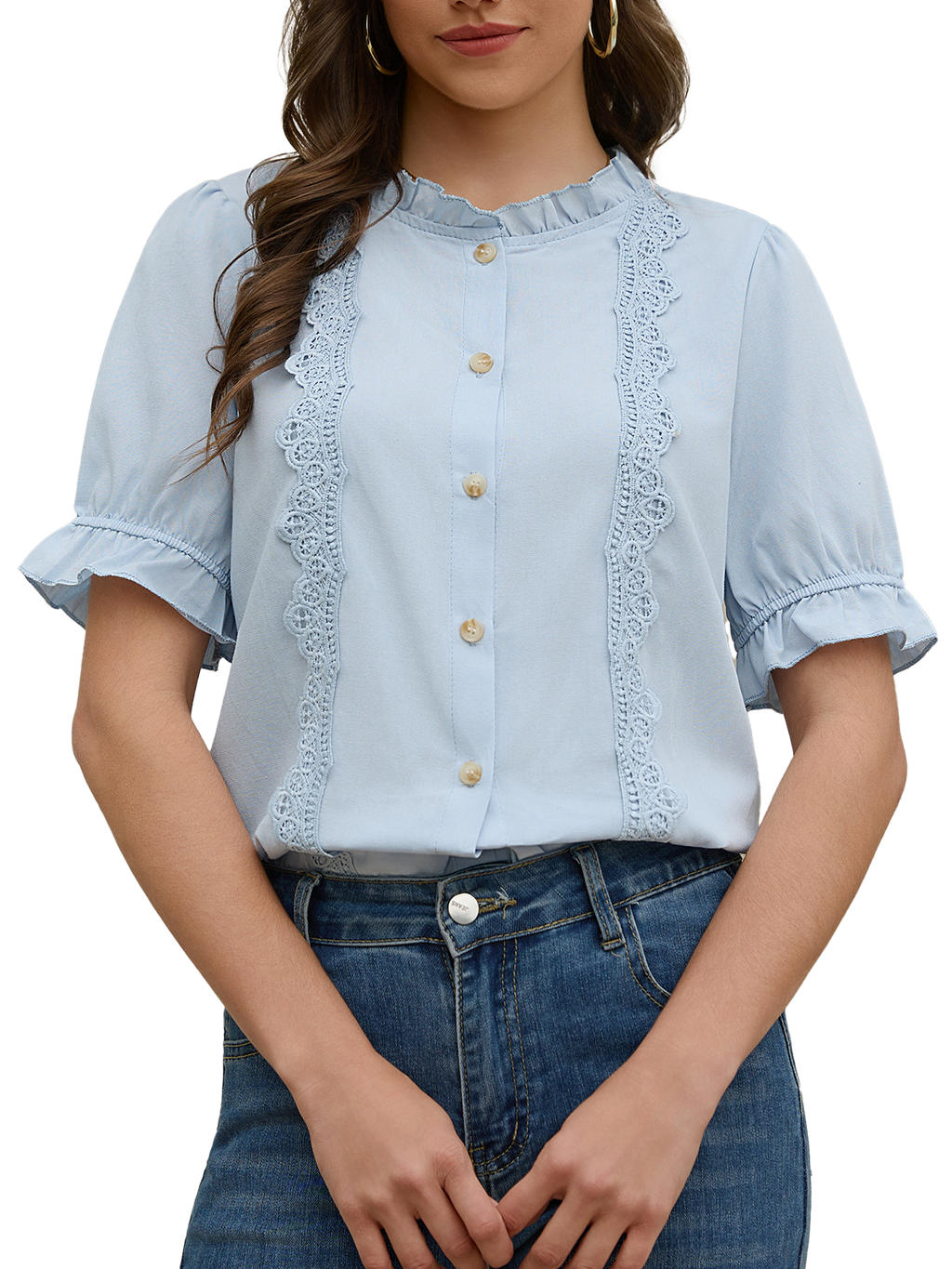 Women's Ruffle Collar Lace Button Down Shirt Summer Dressy Casual Ruffled Trim Short Sleeve Tops