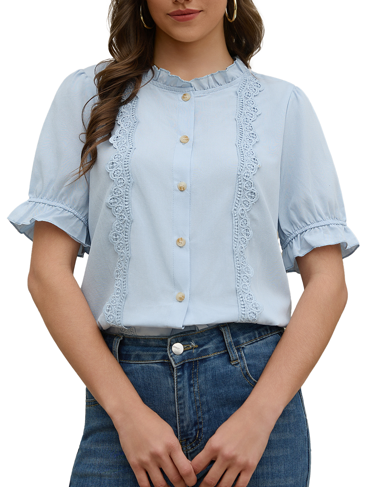 Women's Ruffle Collar Lace Button Down Shirt Summer Dressy Casual Ruffled Trim Short Sleeve Tops