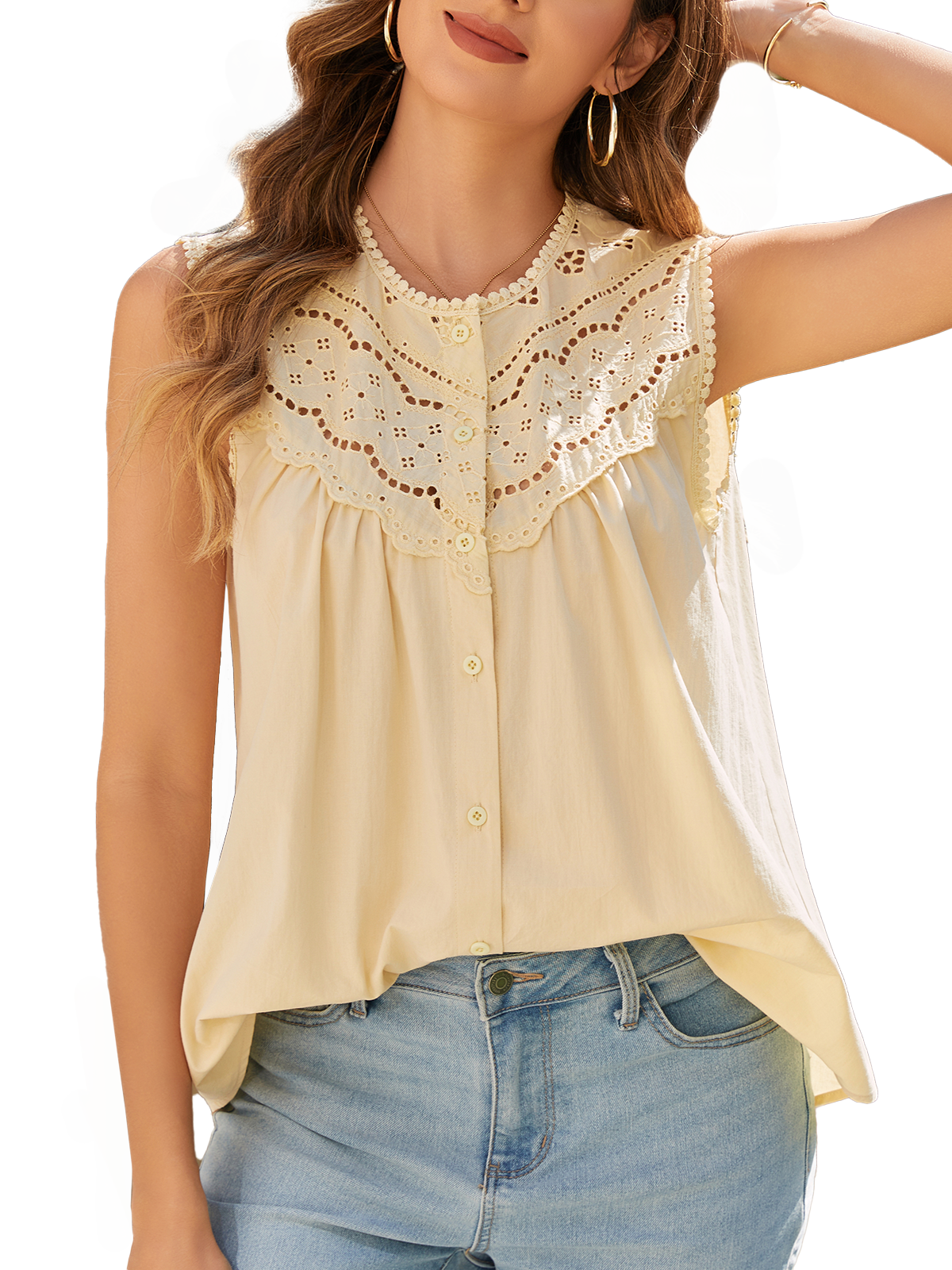 Women Lace Trimmed Ruched Tank Top Summer Sleeveless Vacation Boho Tops Dressy Casual Button Down Shirts Lightweight