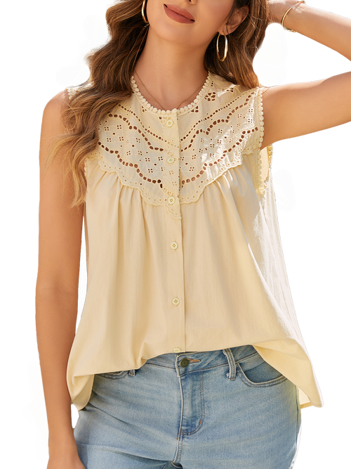Women Lace Trimmed Ruched Tank Top Summer Sleeveless Vacation Boho Tops Dressy Casual Button Down Shirts Lightweight