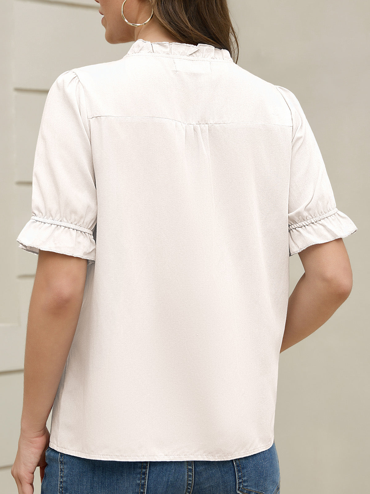 Women's Ruffle Collar Lace Button Down Shirt Summer Dressy Casual Ruffled Trim Short Sleeve Tops