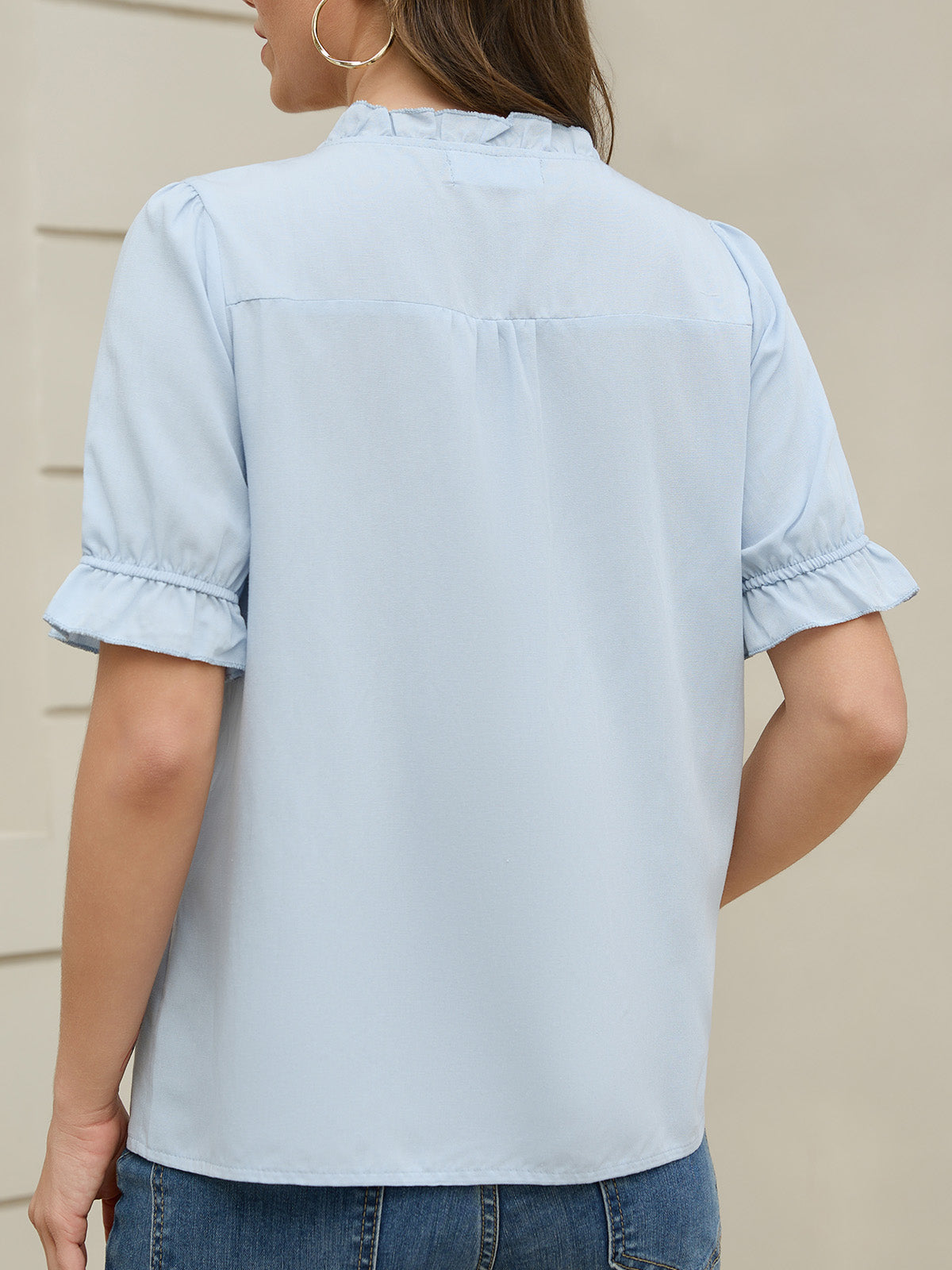Women's Ruffle Collar Lace Button Down Shirt Summer Dressy Casual Ruffled Trim Short Sleeve Tops