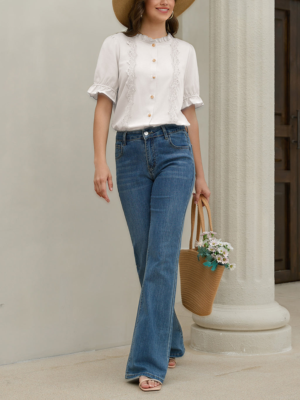 Women's Ruffle Collar Lace Button Down Shirt Summer Dressy Casual Ruffled Trim Short Sleeve Tops