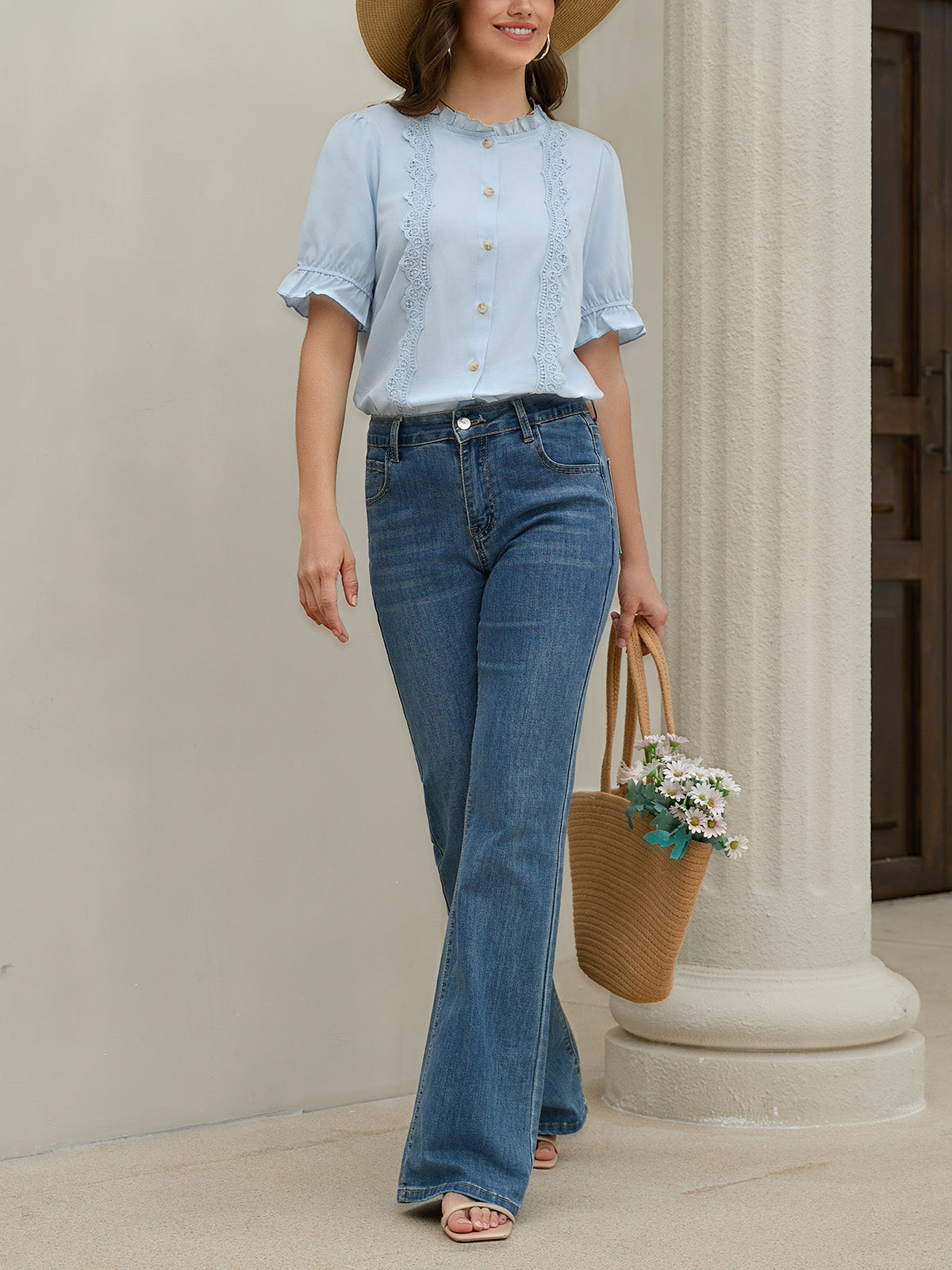 Women's Ruffle Collar Lace Button Down Shirt Summer Dressy Casual Ruffled Trim Short Sleeve Tops