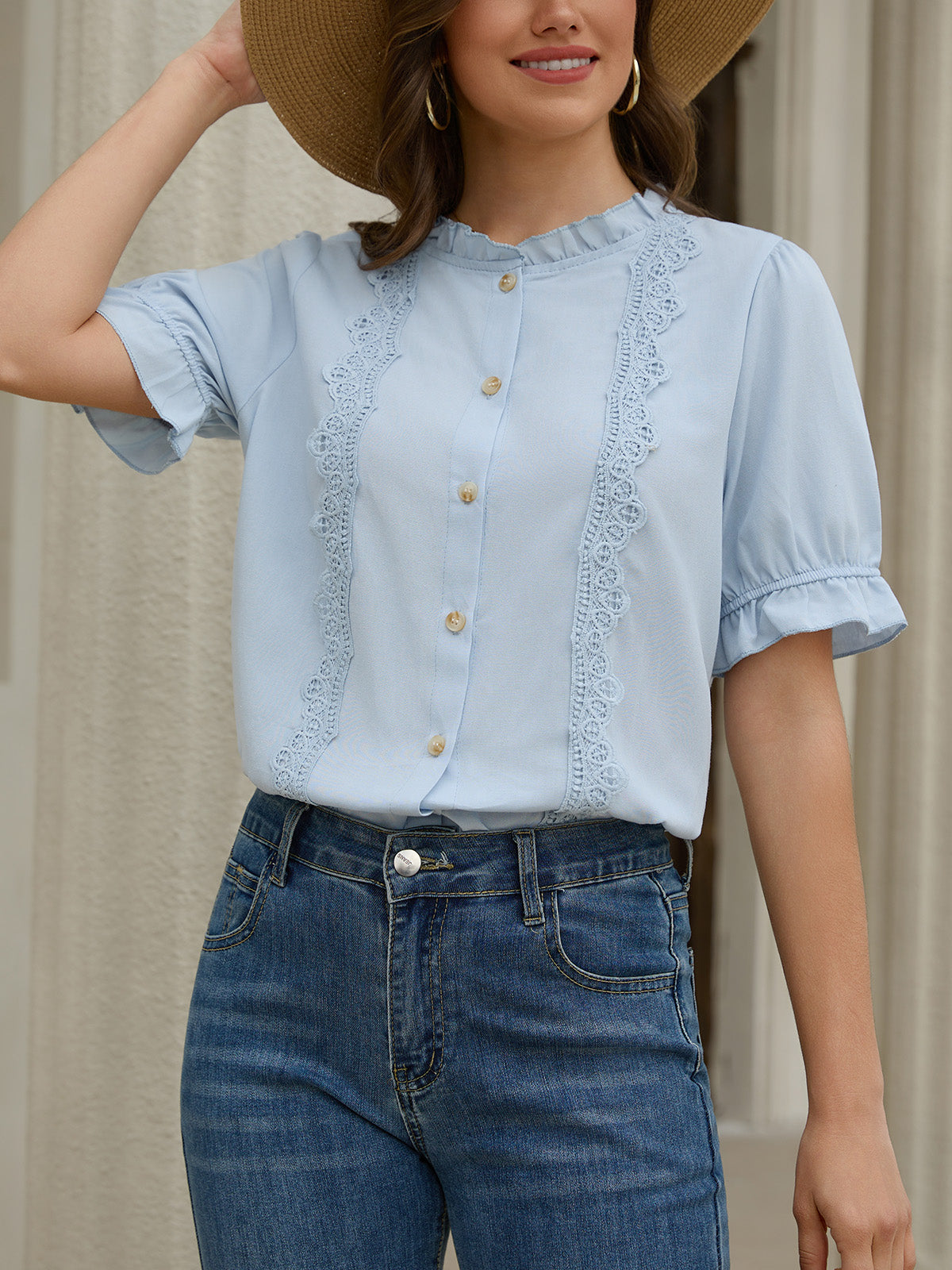 Women's Ruffle Collar Lace Button Down Shirt Summer Dressy Casual Ruffled Trim Short Sleeve Tops