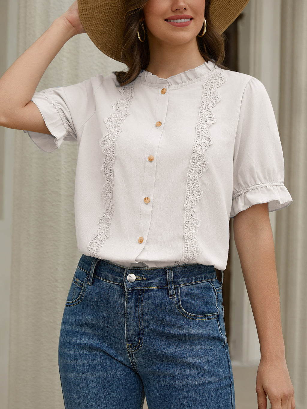 Women's Ruffle Collar Lace Button Down Shirt Summer Dressy Casual Ruffled Trim Short Sleeve Tops