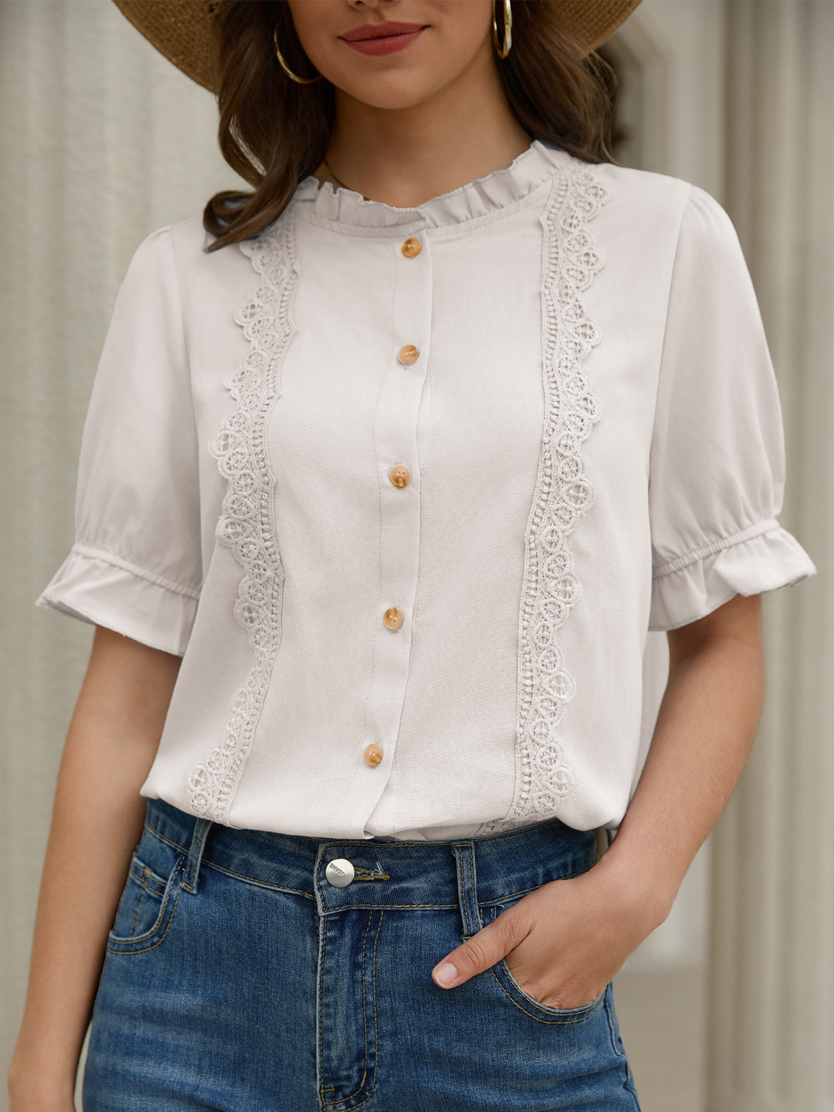 Women's Ruffle Collar Lace Button Down Shirt Summer Dressy Casual Ruffled Trim Short Sleeve Tops
