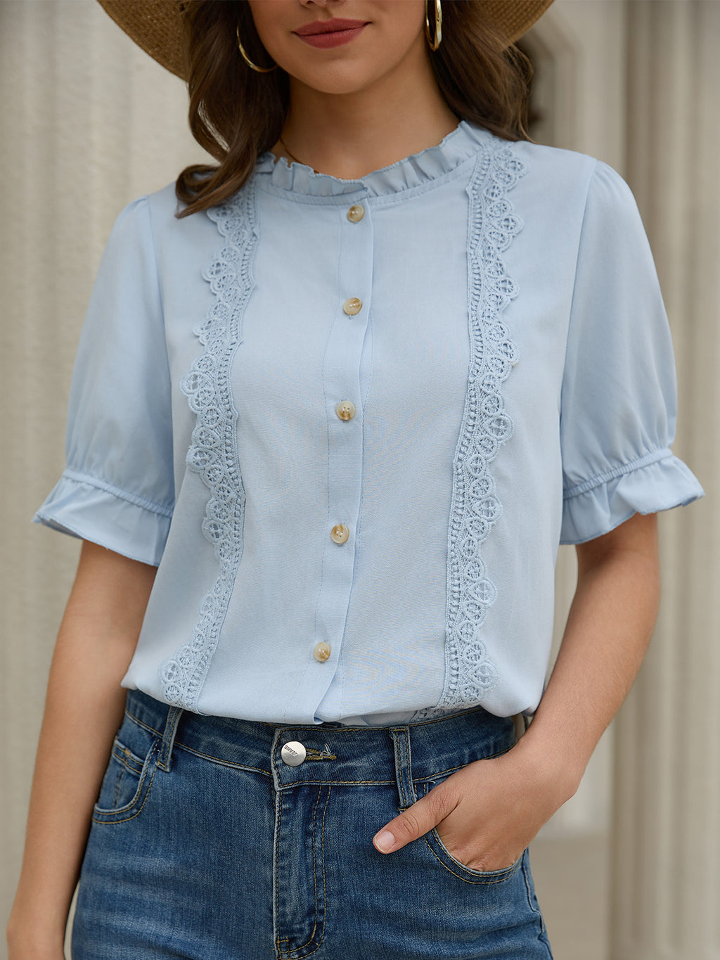 Women's Ruffle Collar Lace Button Down Shirt Summer Dressy Casual Ruffled Trim Short Sleeve Tops