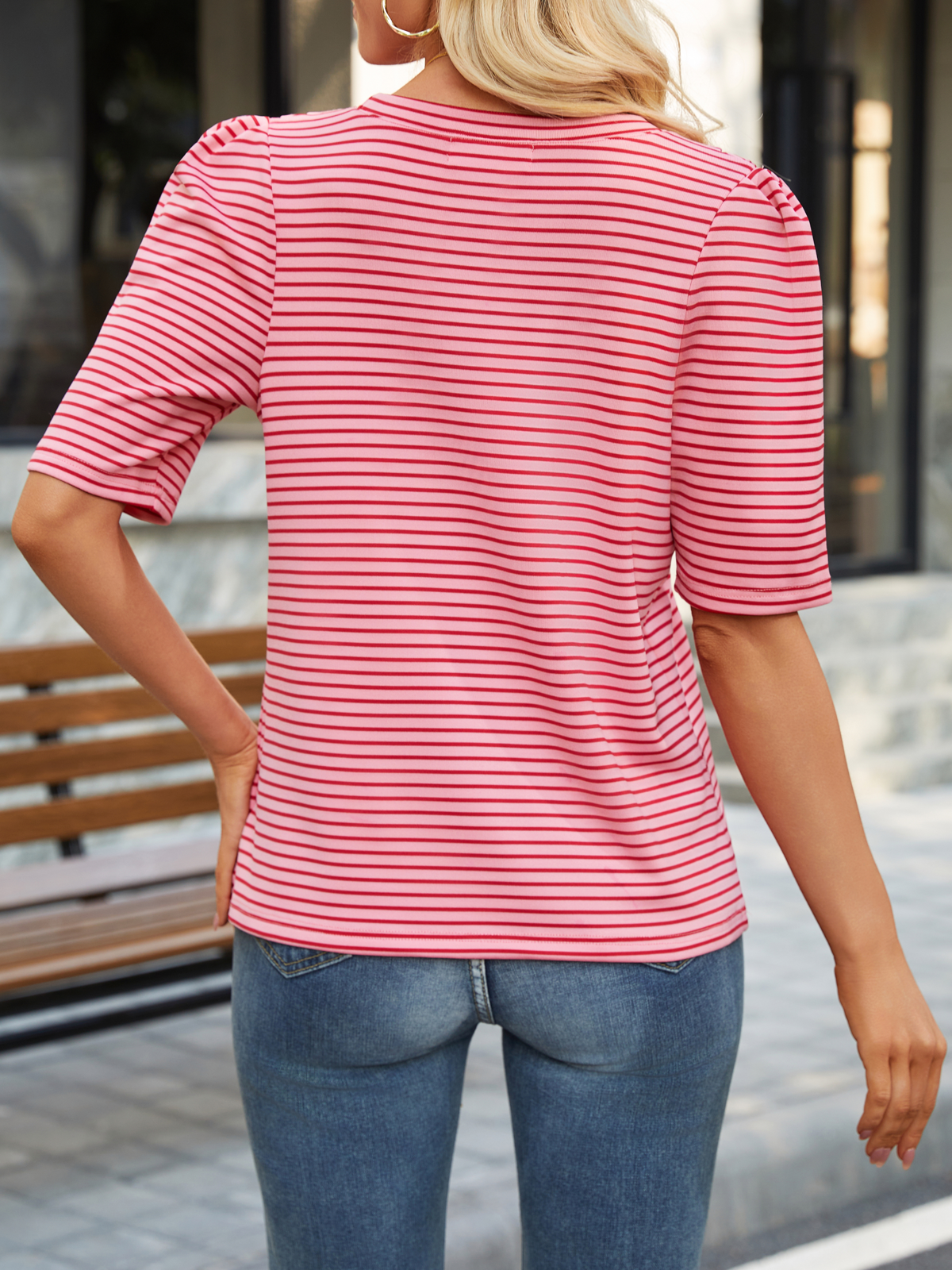 Women Puff Short Sleeve Striped T-Shirt Summer Casual Crewneck Pleated Sleeve Tops