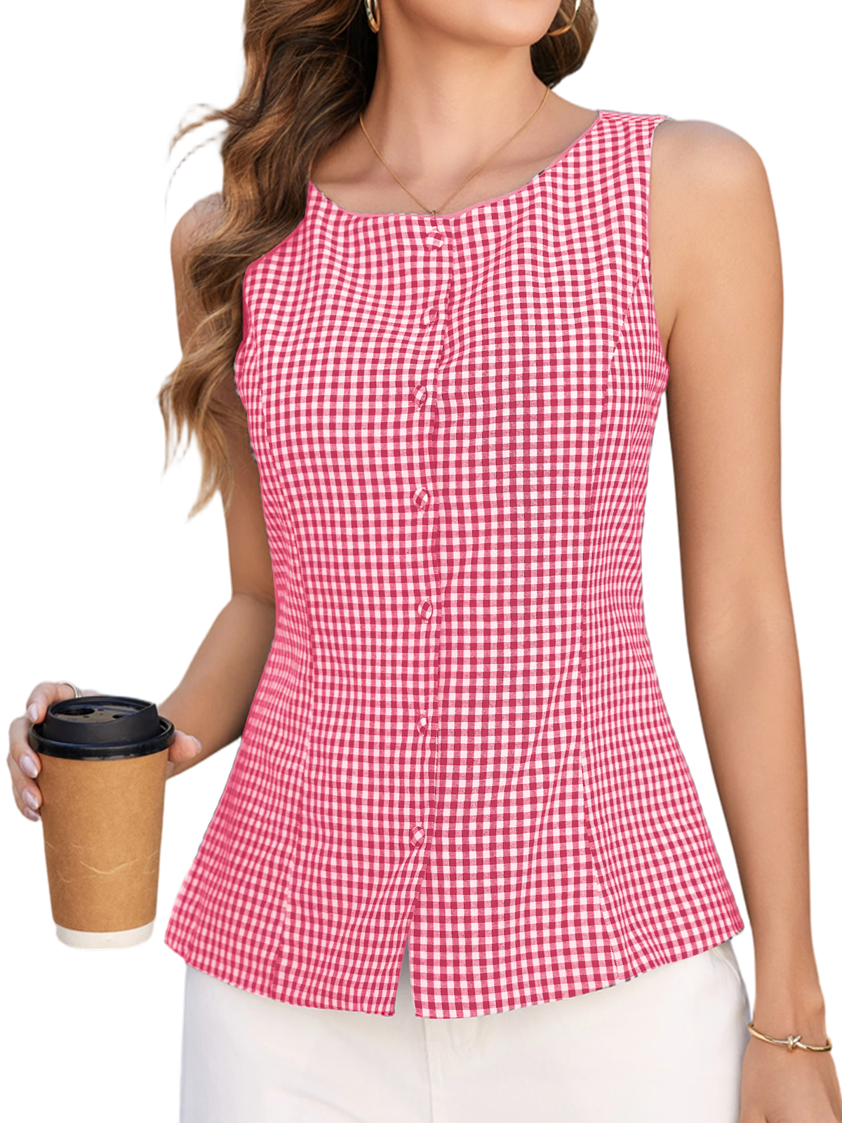 Women Plaid Tank Top Summer Business Casual Sleeveless Button Down Shirts Slim Fit Gingham Tops with Lining