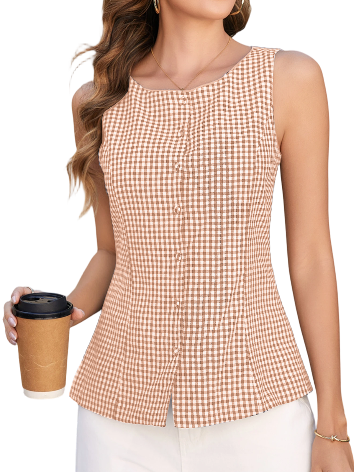 Women Plaid Tank Top Summer Business Casual Sleeveless Button Down Shirts Slim Fit Gingham Tops with Lining