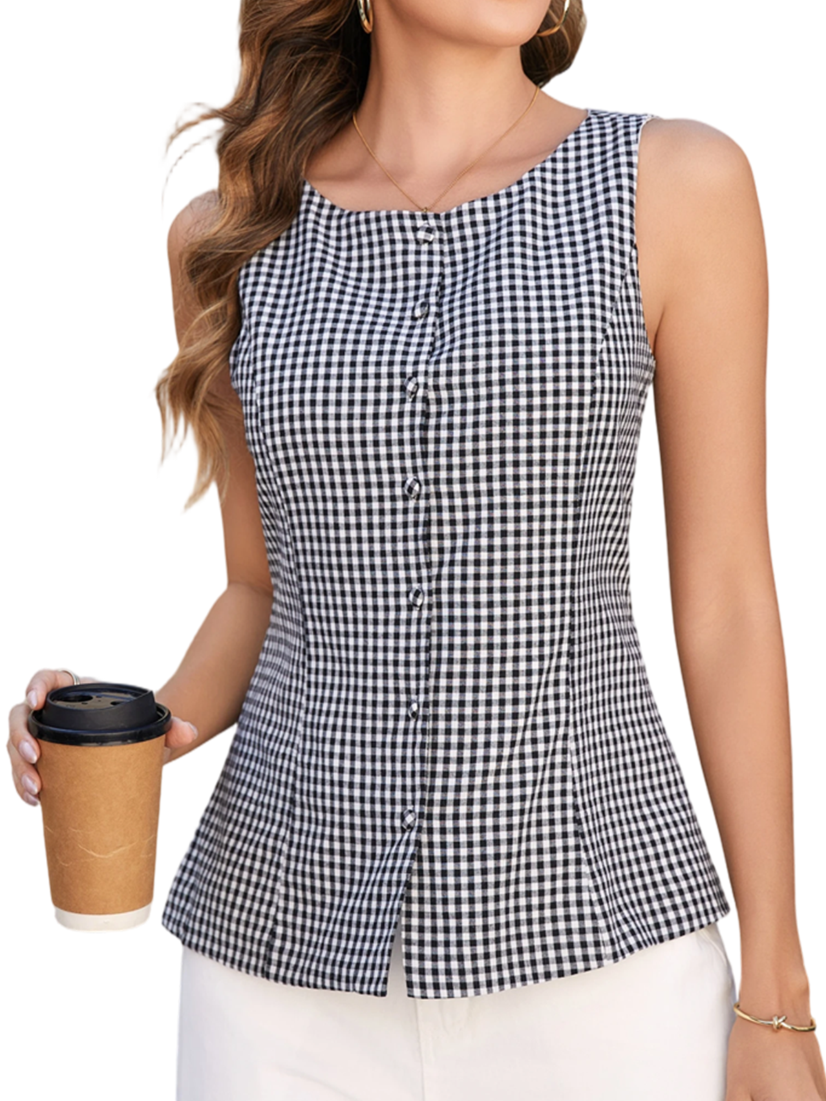 Women Plaid Tank Top Summer Business Casual Sleeveless Button Down Shirts Slim Fit Gingham Tops with Lining