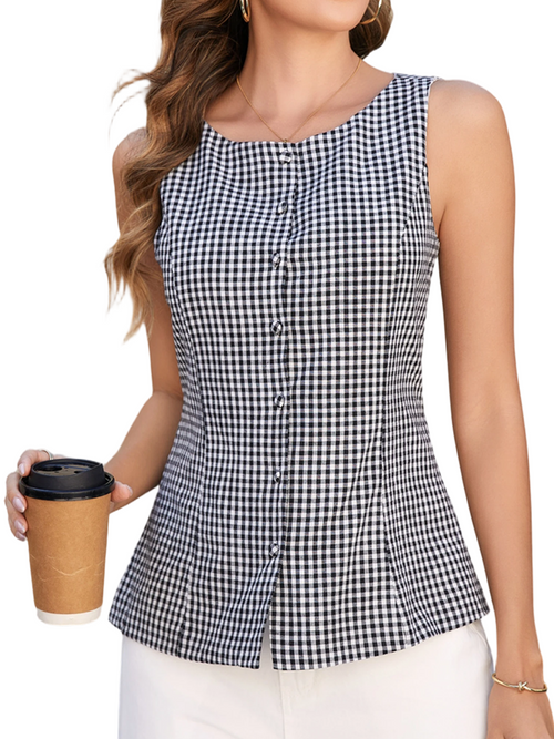 Women Plaid Tank Top Summer Business Casual Sleeveless Button Down Shirts Slim Fit Gingham Tops with Lining