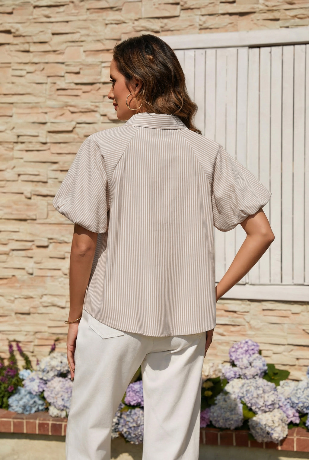 Women's Striped Button Down Shirts Summer Puff Short Sleeve Tops Relaxed Fit Blouses for Women Dressy Casual