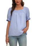 Women Ruffle Sleeve Shirts Summer Square Neck Dressy Casual Pleated Striped Tops Elastic Cuffs