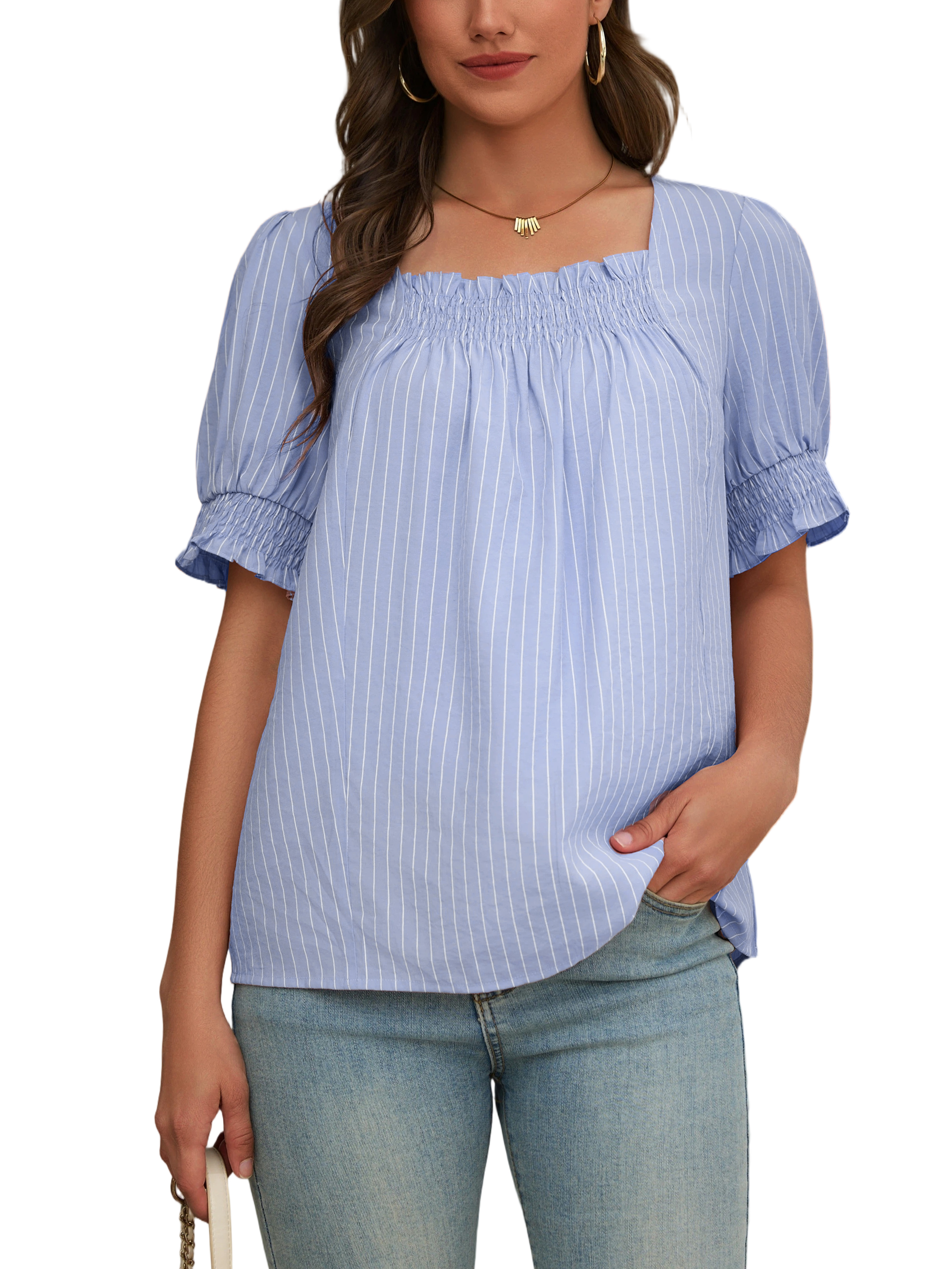 Women Ruffle Sleeve Shirts Summer Square Neck Dressy Casual Pleated Striped Tops Elastic Cuffs