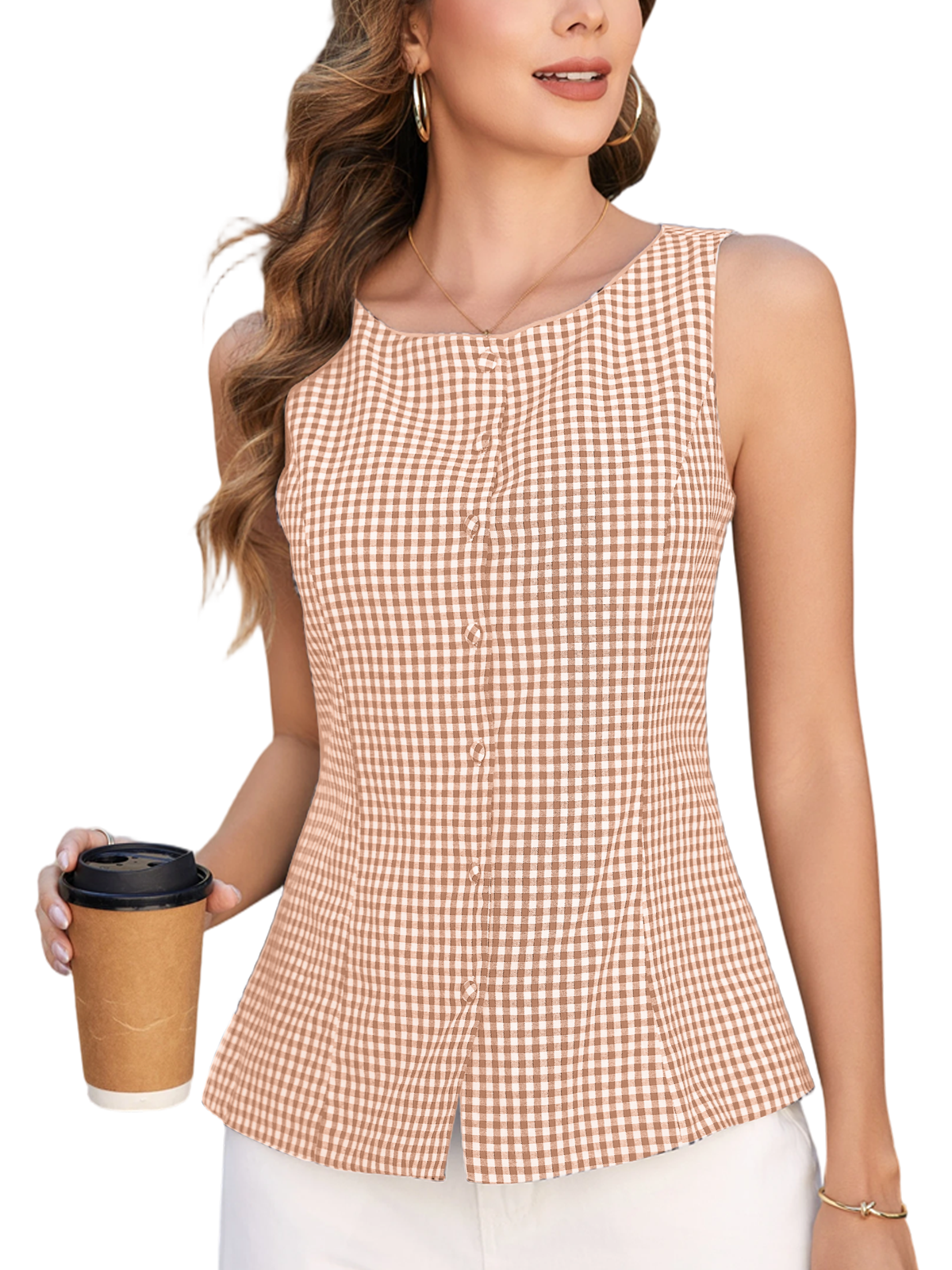 Women Plaid Tank Top Summer Business Casual Sleeveless Button Down Shirts Slim Fit Gingham Tops with Lining