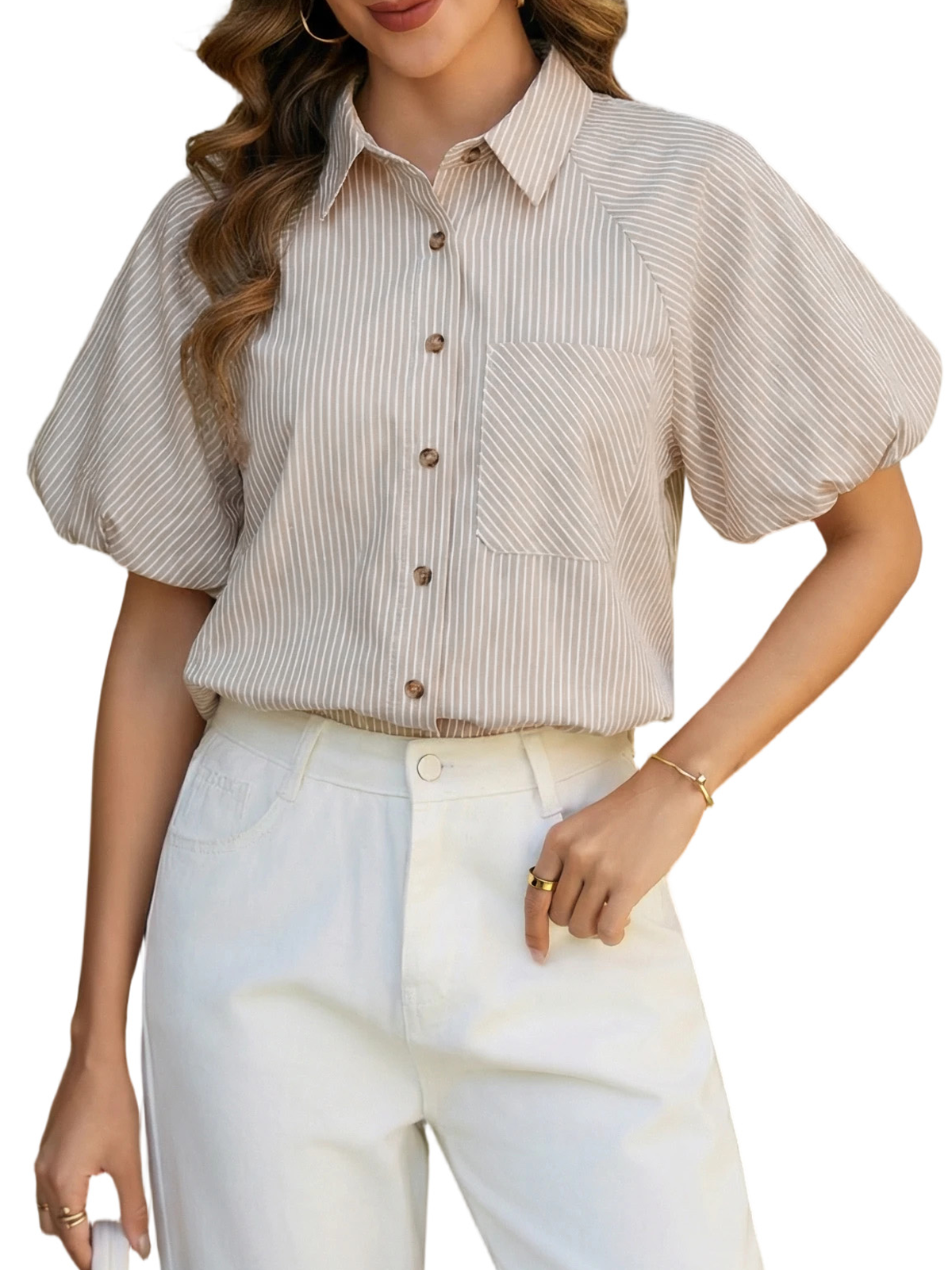Women's Striped Button Down Shirts Summer Puff Short Sleeve Tops Relaxed Fit Blouses for Women Dressy Casual