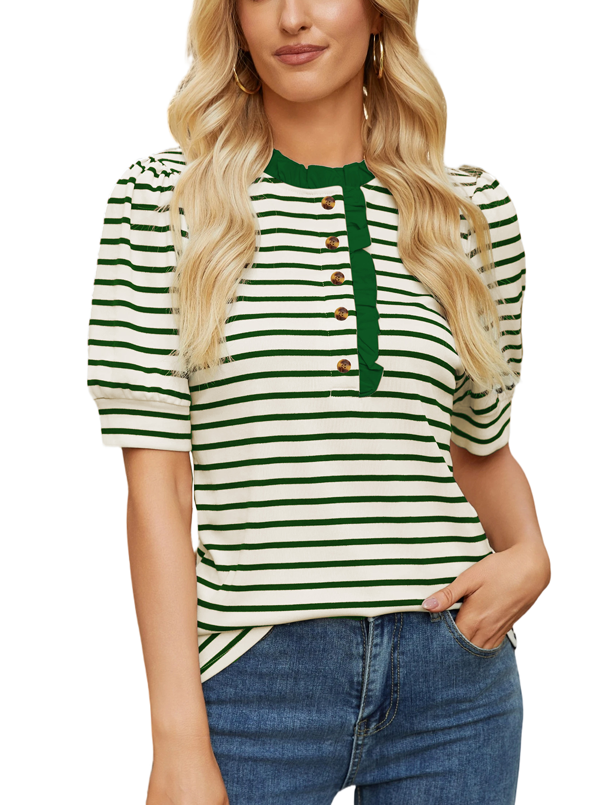 Womens Half Button Down Shirts Ruffle Striped Work Tops