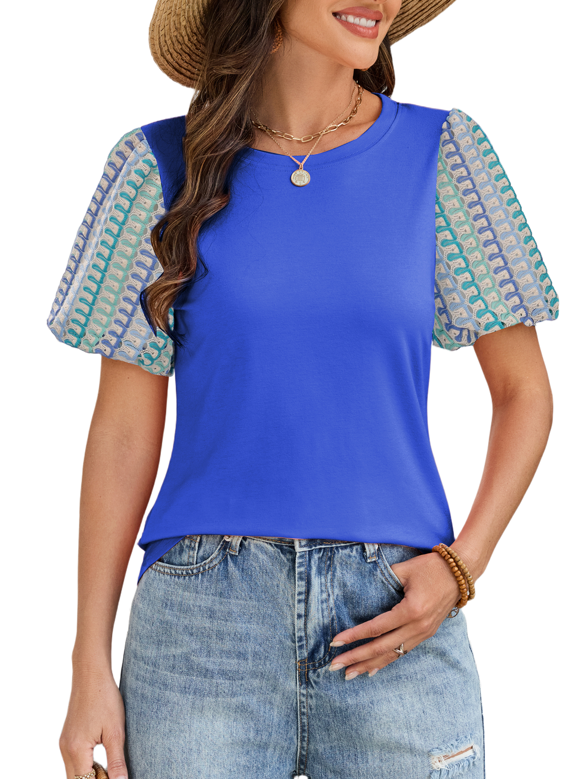 Women's Puff Short Sleeve Shirts Dressy Lace Summer Tops