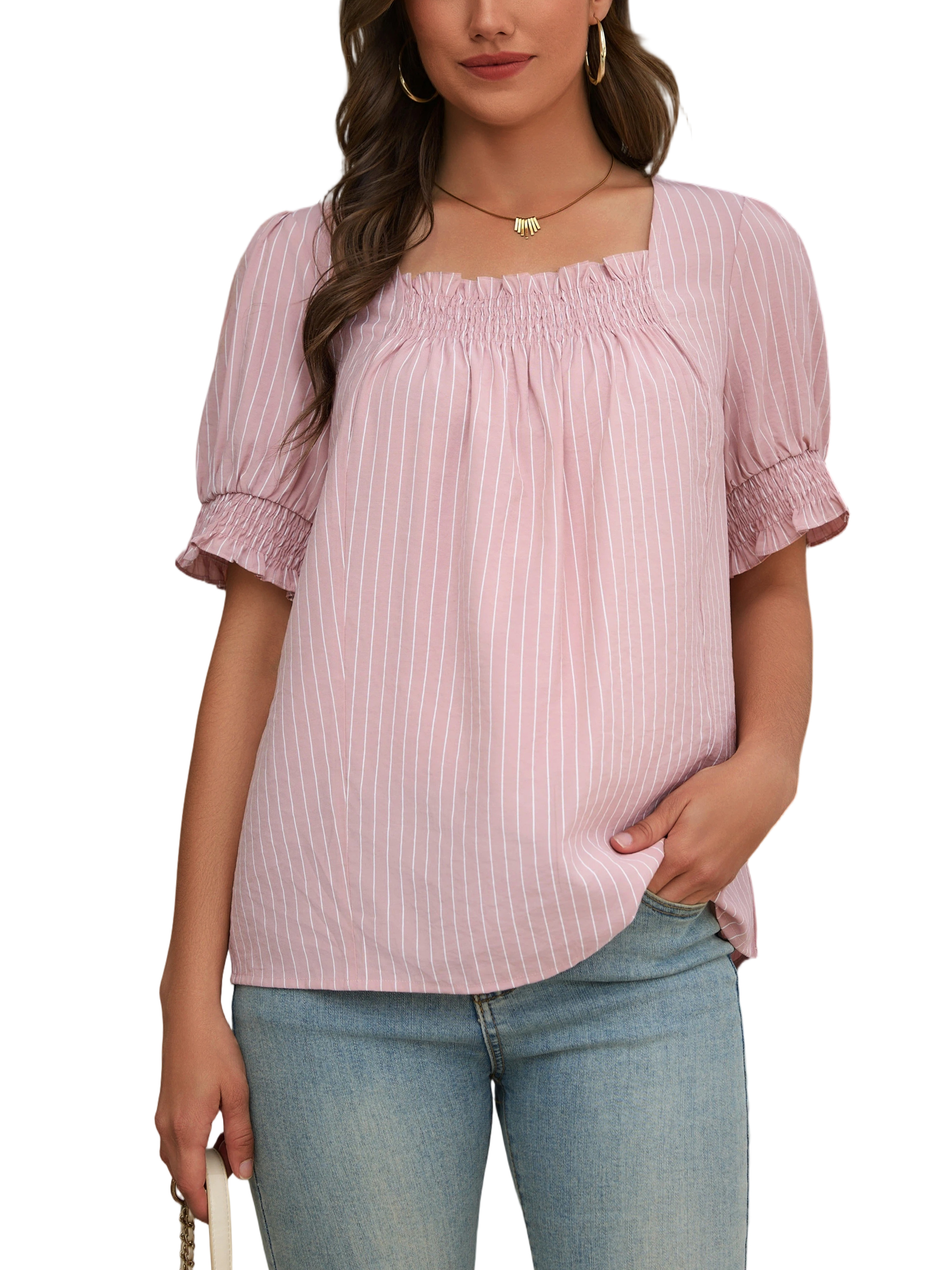 Women Ruffle Sleeve Shirts Summer Square Neck Dressy Casual Pleated Striped Tops Elastic Cuffs