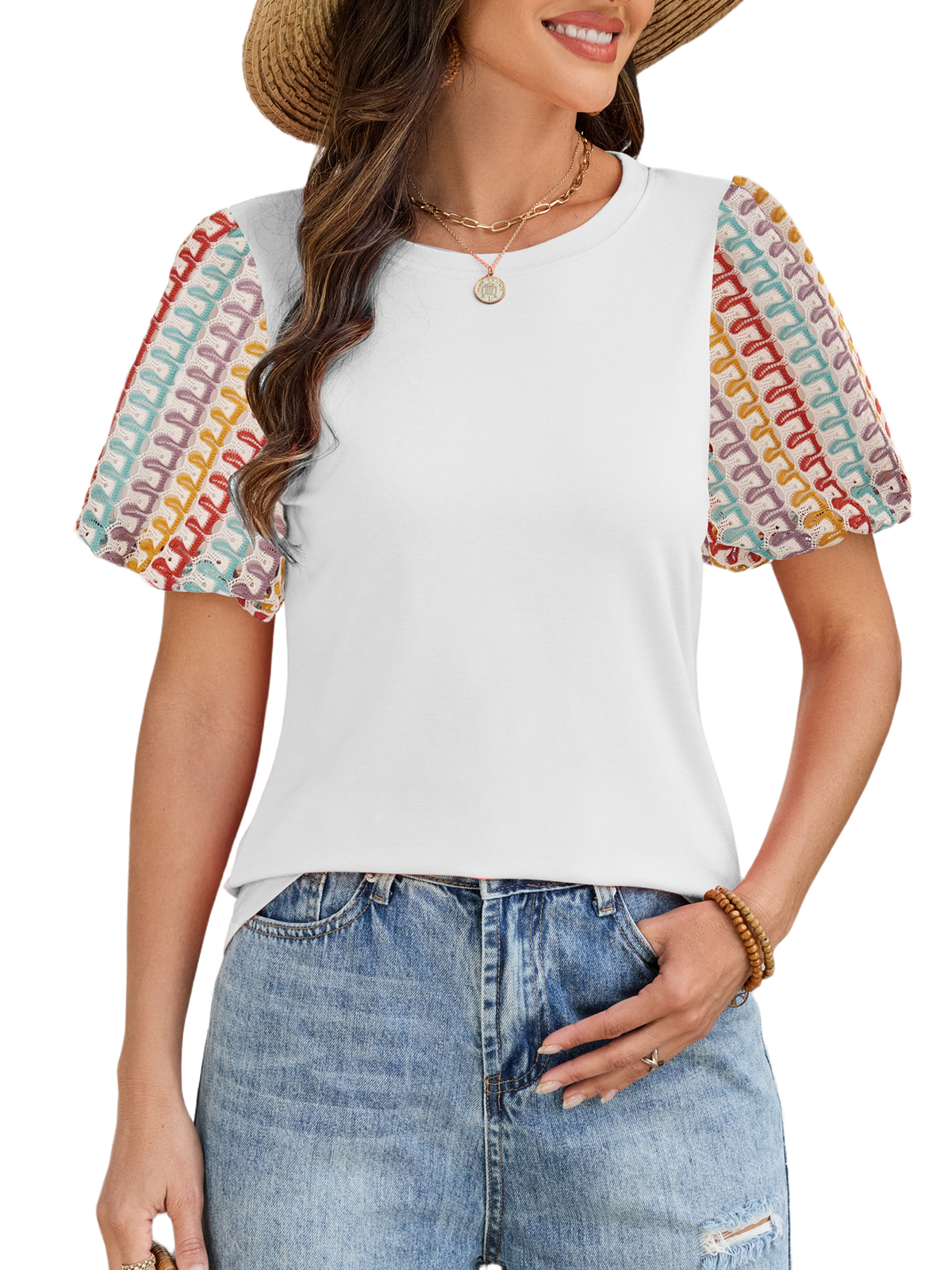 Women's Puff Short Sleeve Shirts Dressy Lace Summer Tops