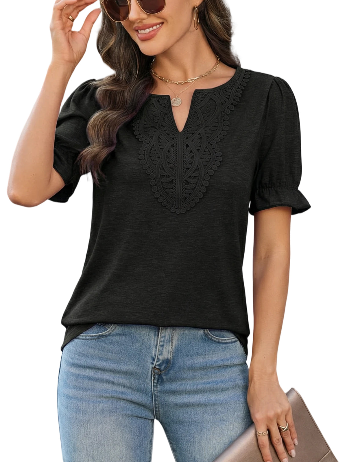 Women's V Neck Lace Top