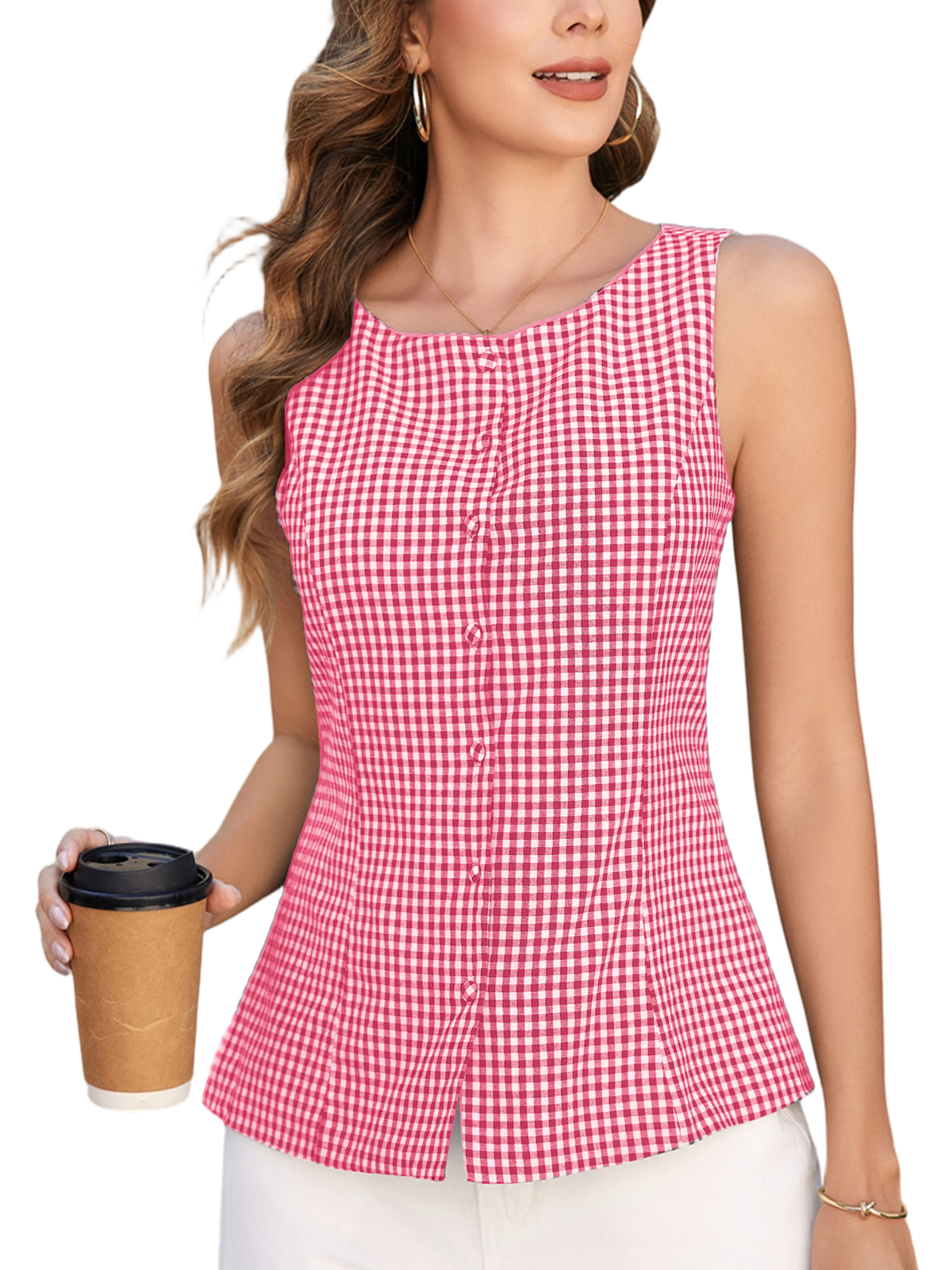 Women Plaid Tank Top Summer Business Casual Sleeveless Button Down Shirts Slim Fit Gingham Tops with Lining