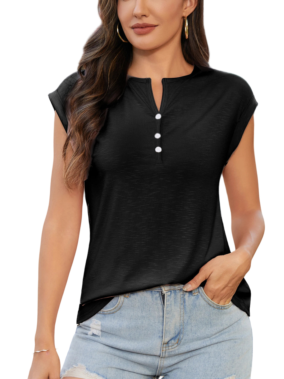 Women's Button Up V Neck Henley Tops