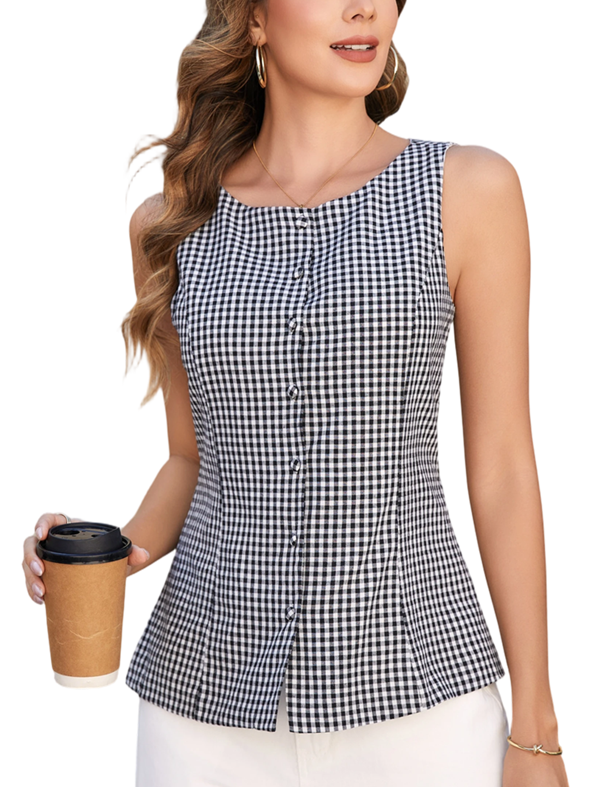 Women Plaid Tank Top Summer Business Casual Sleeveless Button Down Shirts Slim Fit Gingham Tops with Lining