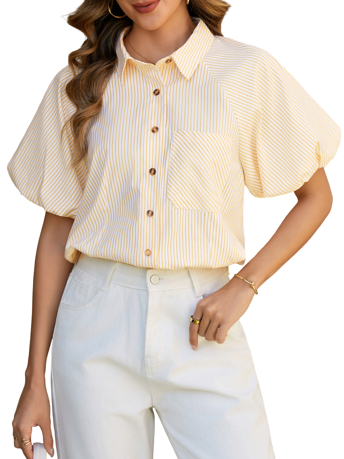 Women's Striped Button Down Shirts Summer Puff Short Sleeve Tops Relaxed Fit Blouses for Women Dressy Casual