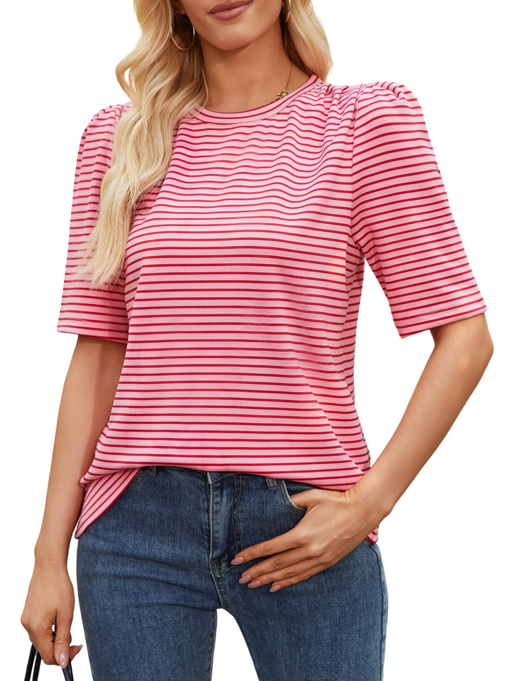 Women Puff Short Sleeve Striped T-Shirt Summer Casual Crewneck Pleated Sleeve Tops