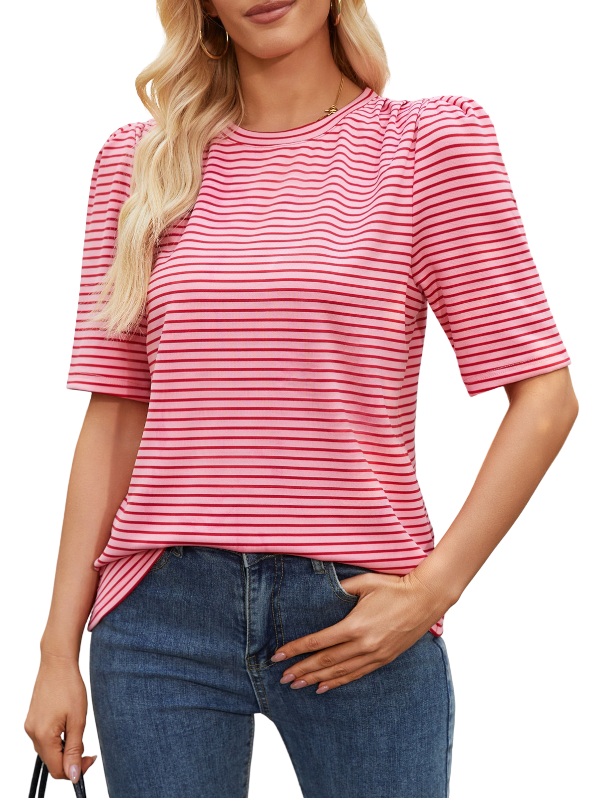 Women Puff Short Sleeve Striped T-Shirt Summer Casual Crewneck Pleated Sleeve Tops