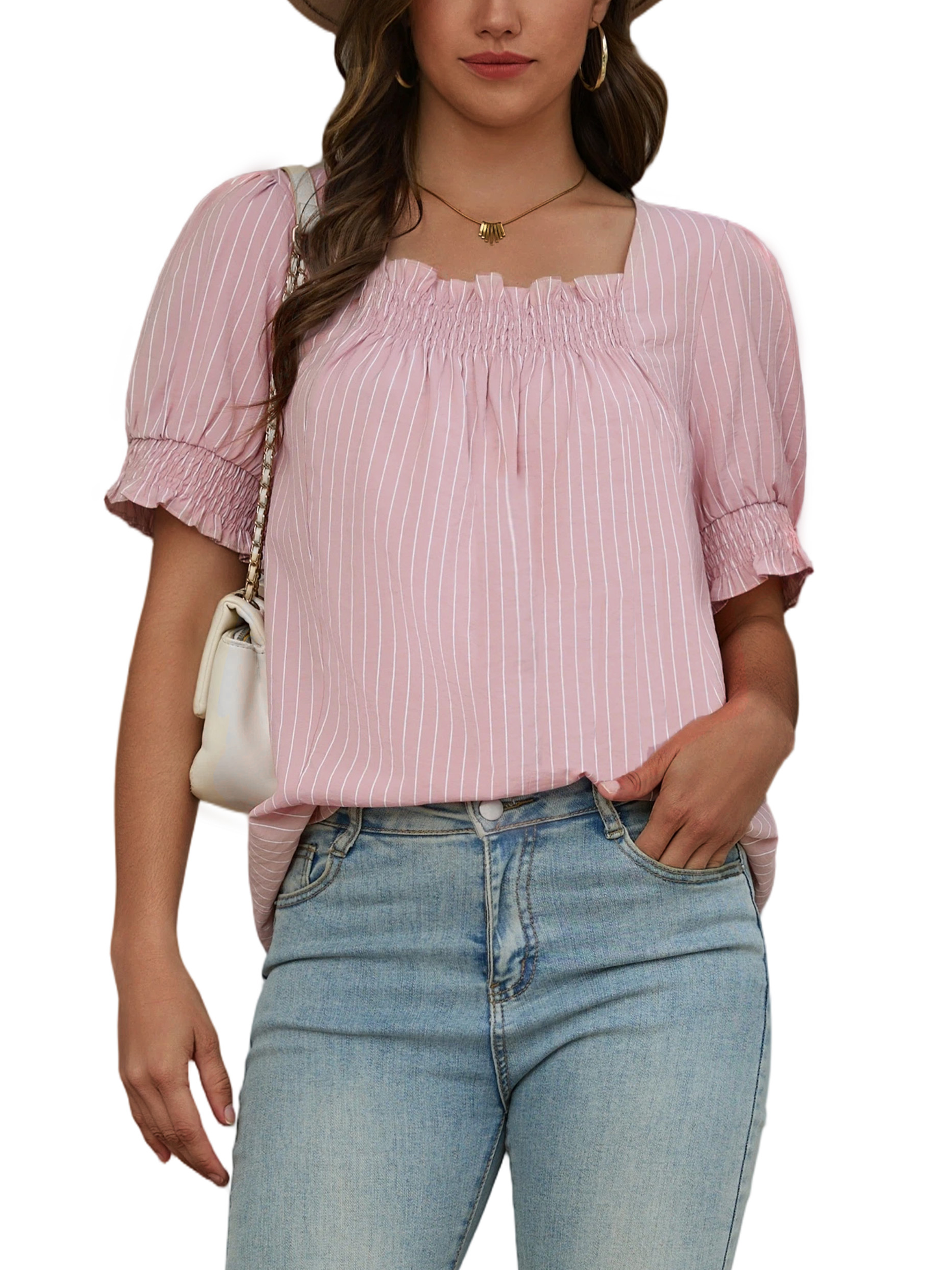 Women Ruffle Sleeve Shirts Summer Square Neck Dressy Casual Pleated Striped Tops Elastic Cuffs