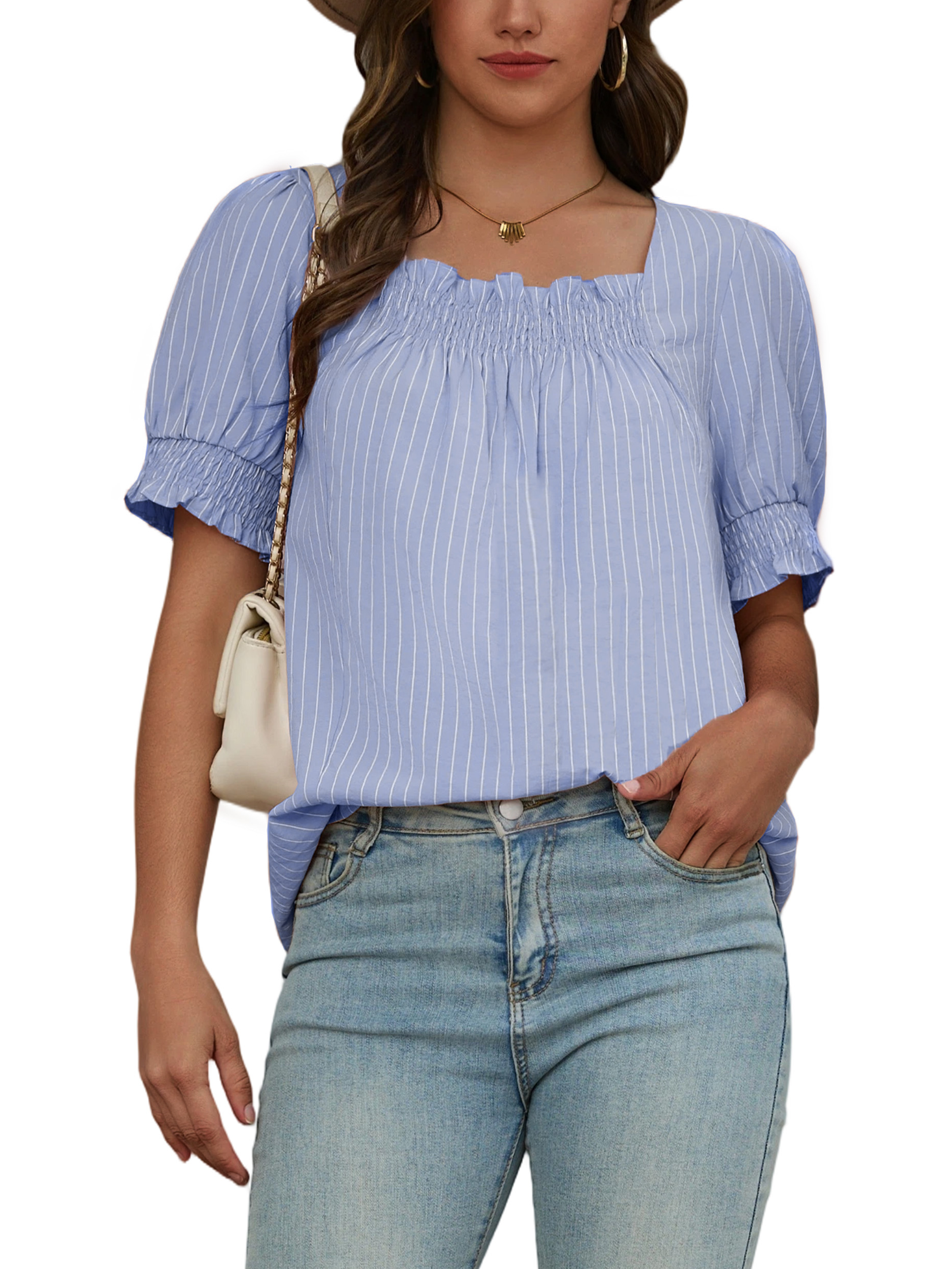 Women Ruffle Sleeve Shirts Summer Square Neck Dressy Casual Pleated Striped Tops Elastic Cuffs