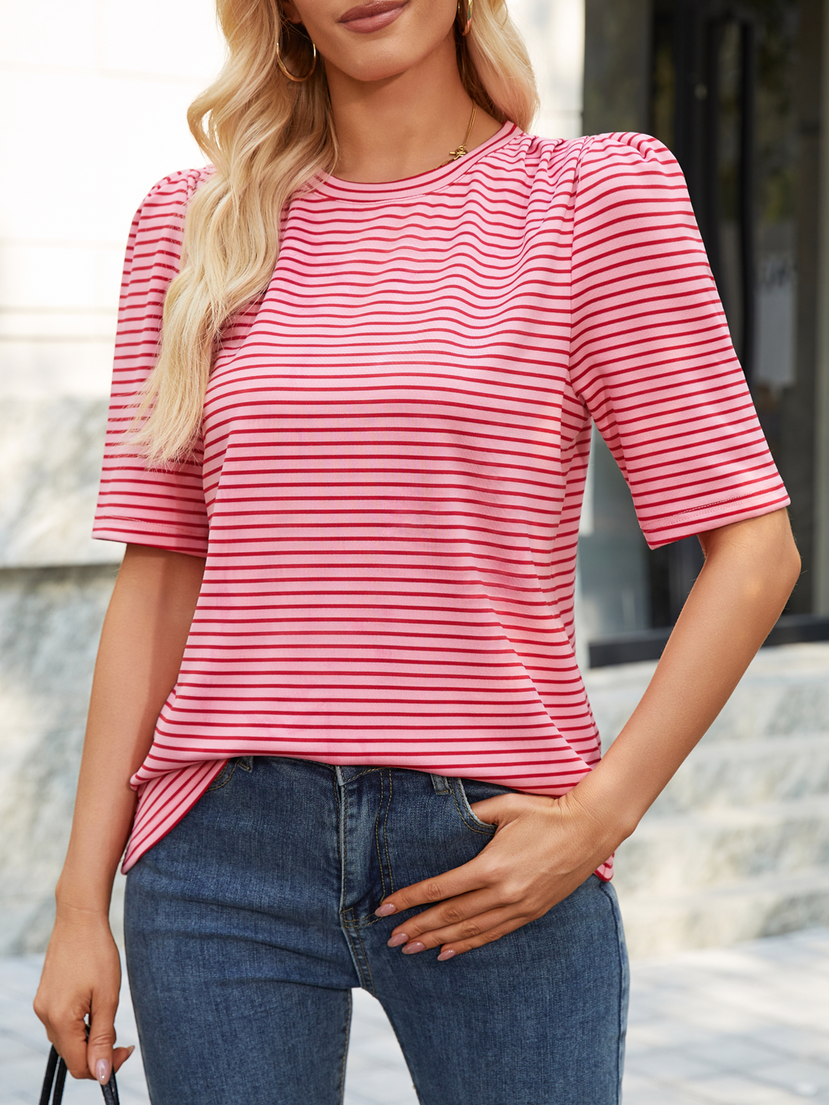 Women Puff Short Sleeve Striped T-Shirt Summer Casual Crewneck Pleated Sleeve Tops