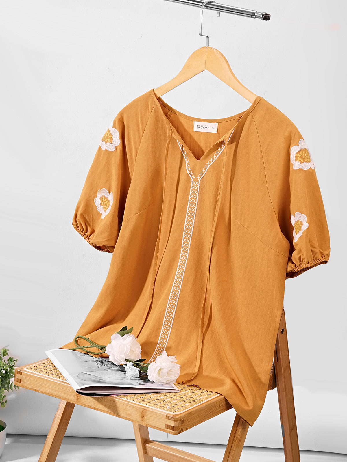Women's Summer Tops Floral Embroidered Puff Short Sleeve Shirts V Neck Boho Tunic Casual Blouse