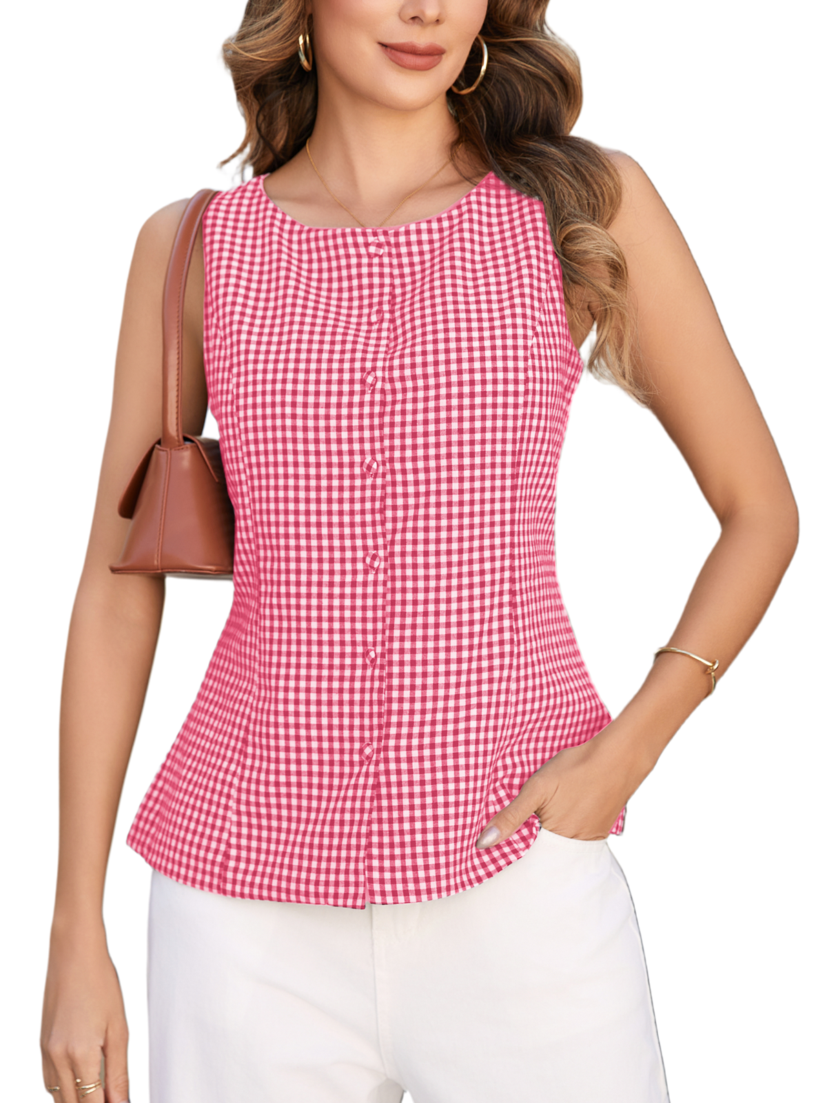 Women Plaid Tank Top Summer Business Casual Sleeveless Button Down Shirts Slim Fit Gingham Tops with Lining
