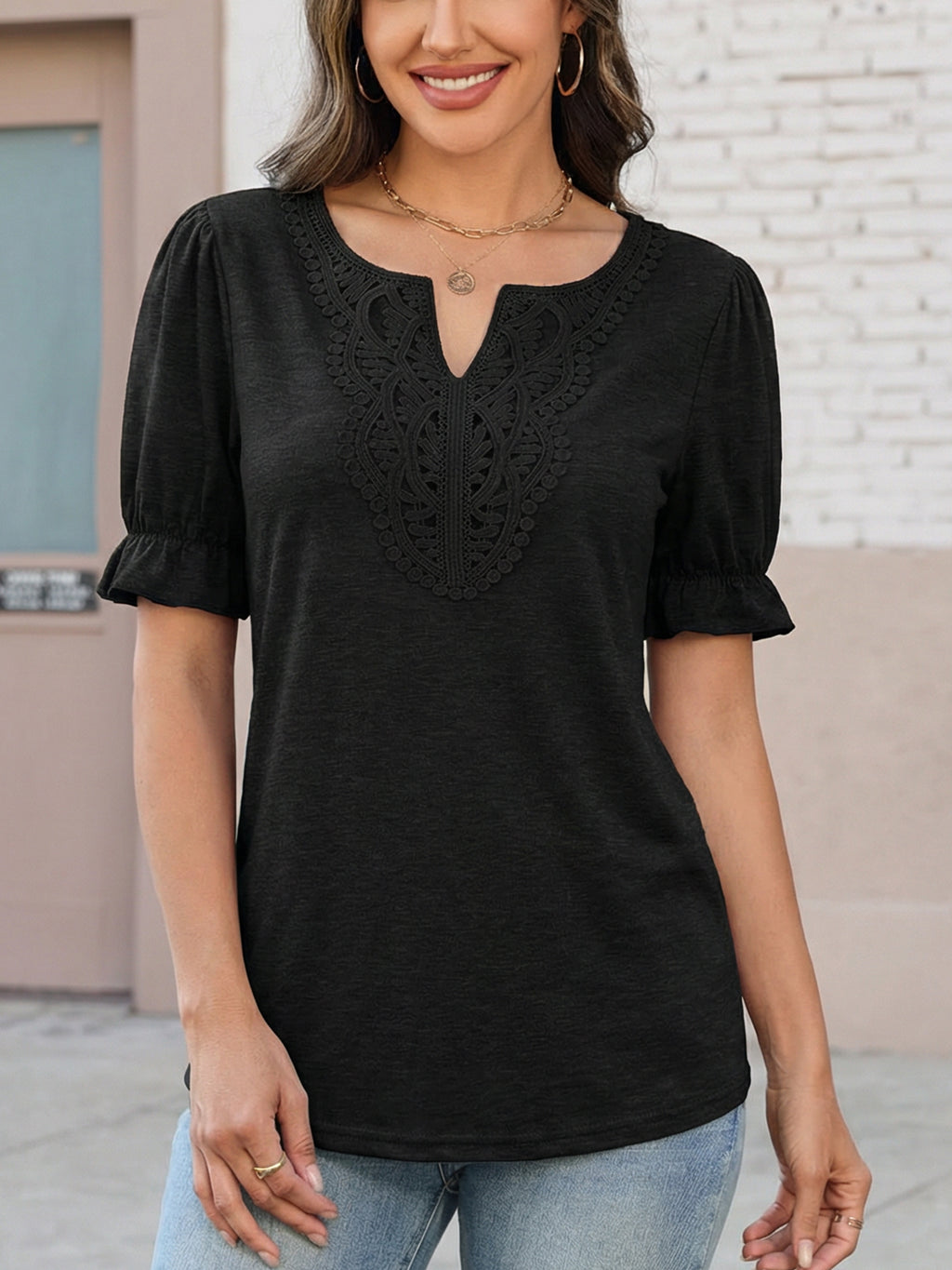 Women's V Neck Lace Top