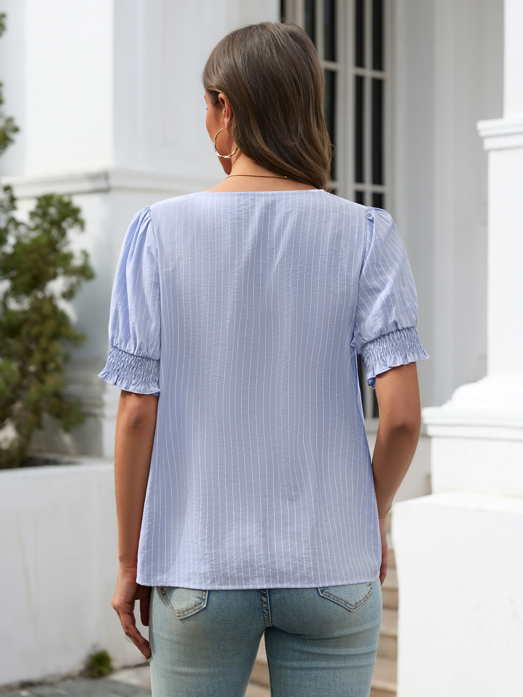 Women Ruffle Sleeve Shirts Summer Square Neck Dressy Casual Pleated Striped Tops Elastic Cuffs