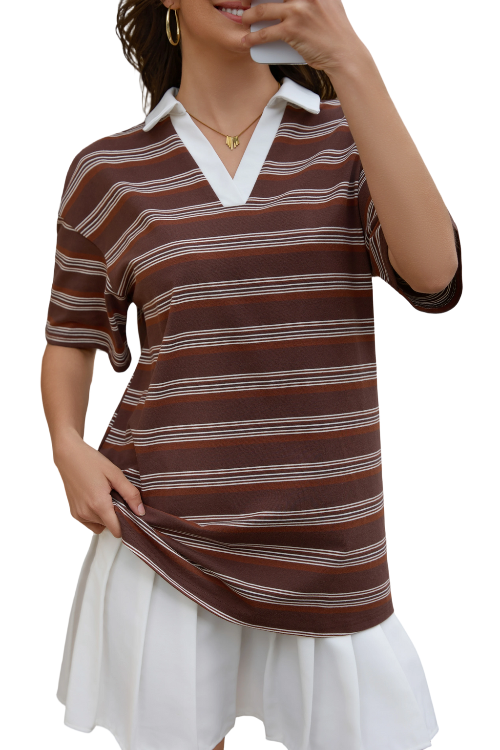 Women's Raglan Short Sleeve Striped T Shirts Loose Fit V-Neck Polo Shirt Summer Casual Tee