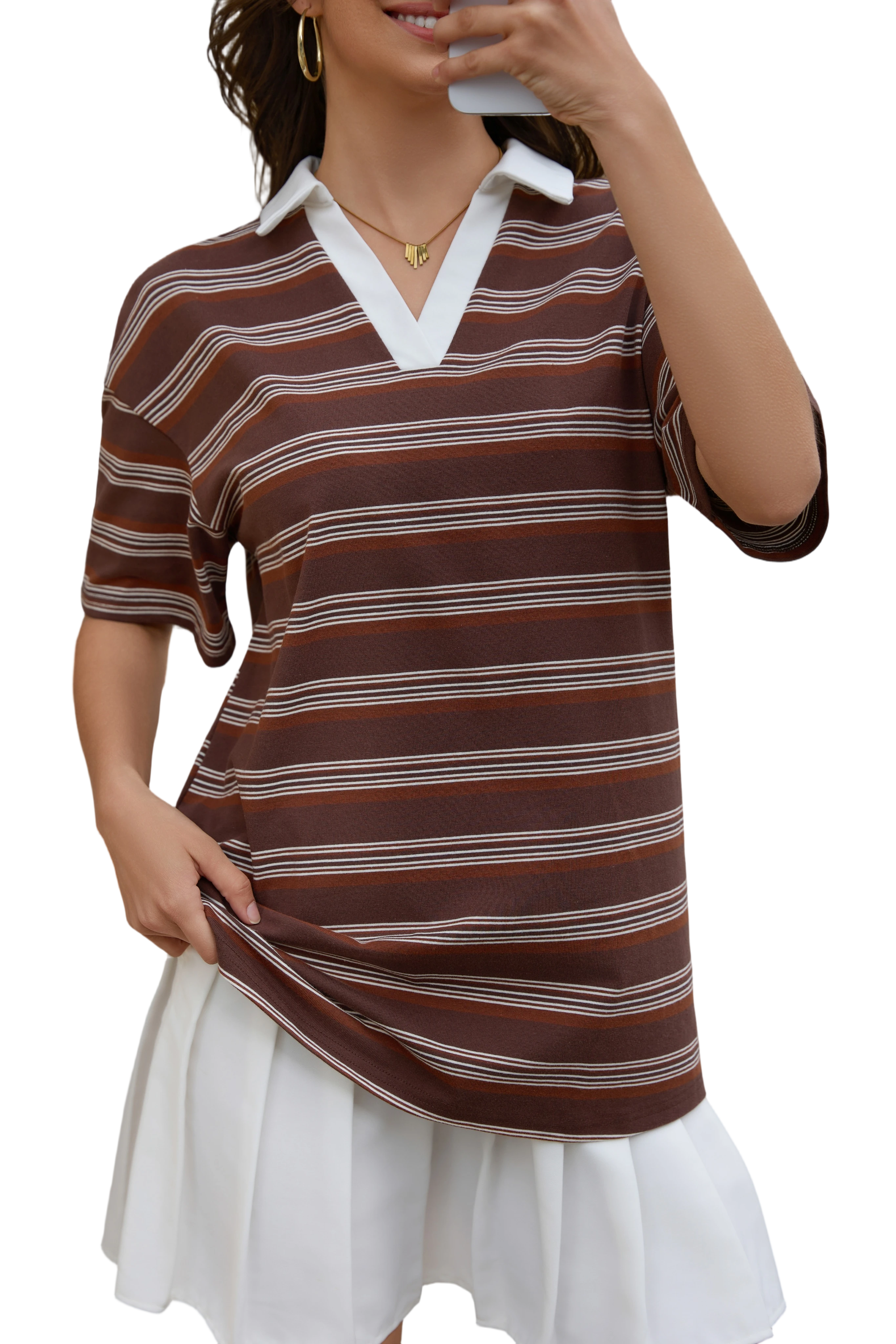 Women's Raglan Short Sleeve Striped T Shirts Loose Fit V-Neck Polo Shirt Summer Casual Tee