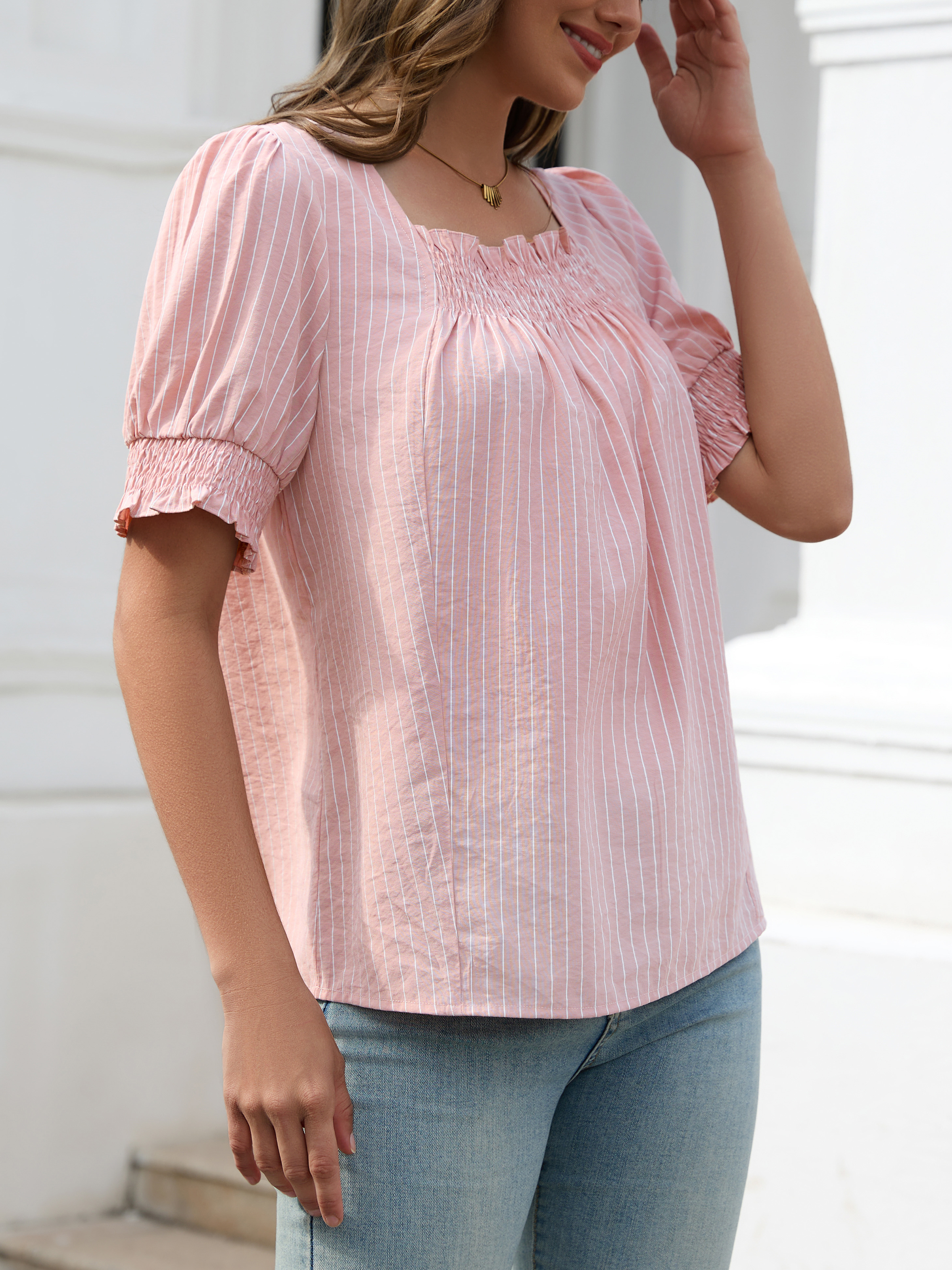 Women Ruffle Sleeve Shirts Summer Square Neck Dressy Casual Pleated Striped Tops Elastic Cuffs