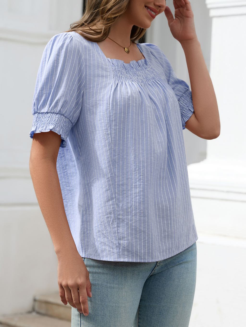 Women Ruffle Sleeve Shirts Summer Square Neck Dressy Casual Pleated Striped Tops Elastic Cuffs